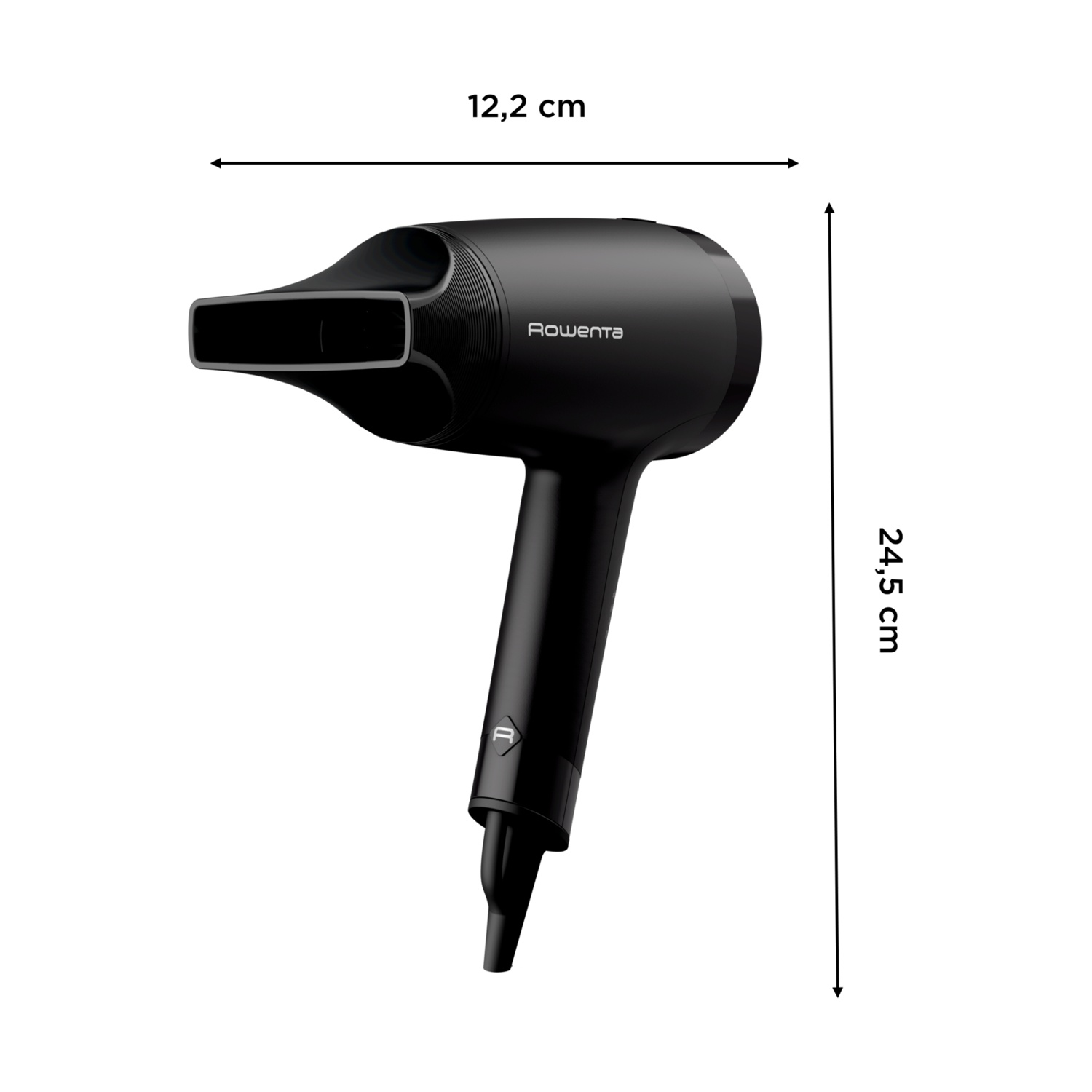 Un asciugacapelli Rowenta nero su sfondo bianco. Dimensioni: 12,2 cm di larghezza e 24,5 cm di altezza.