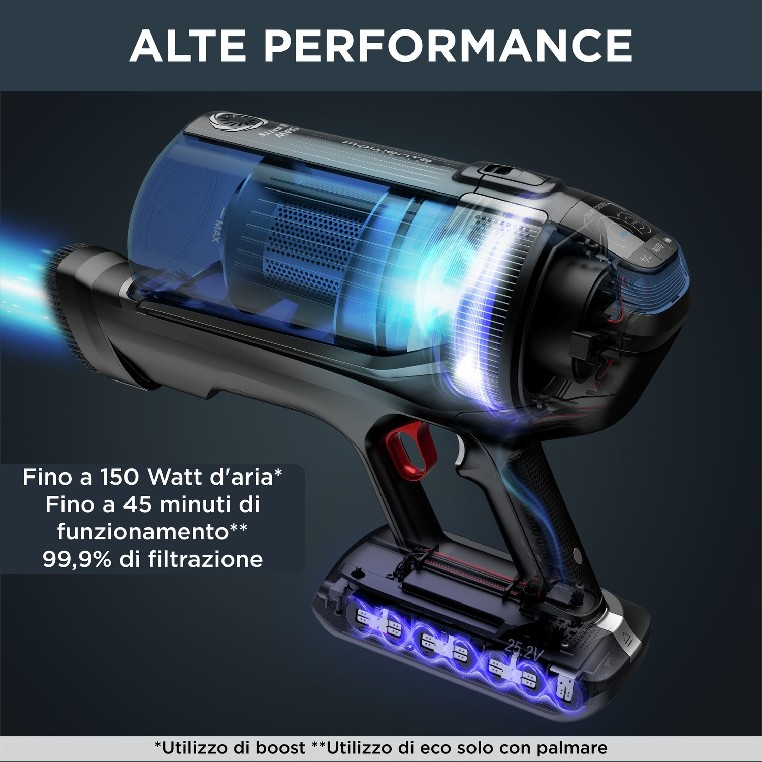 Un aspirapolvere nero e trasparente è mostrato, con effetti di luce blu e testo che indica alte prestazioni.