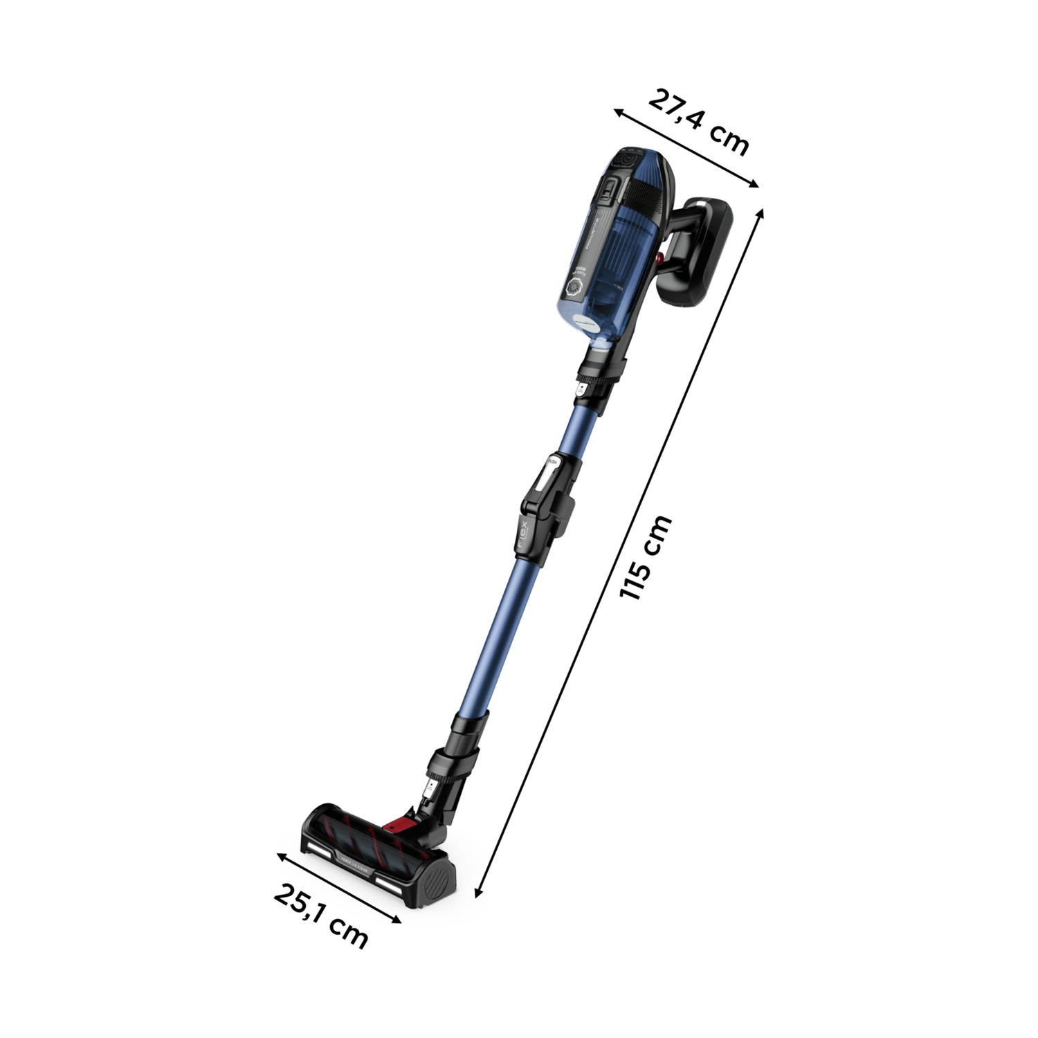 Un aspirapolvere senza fili blu e nero su sfondo bianco. Le dimensioni sono indicate sull'immagine: 27,4 cm, 25,1 cm e 115 cm.