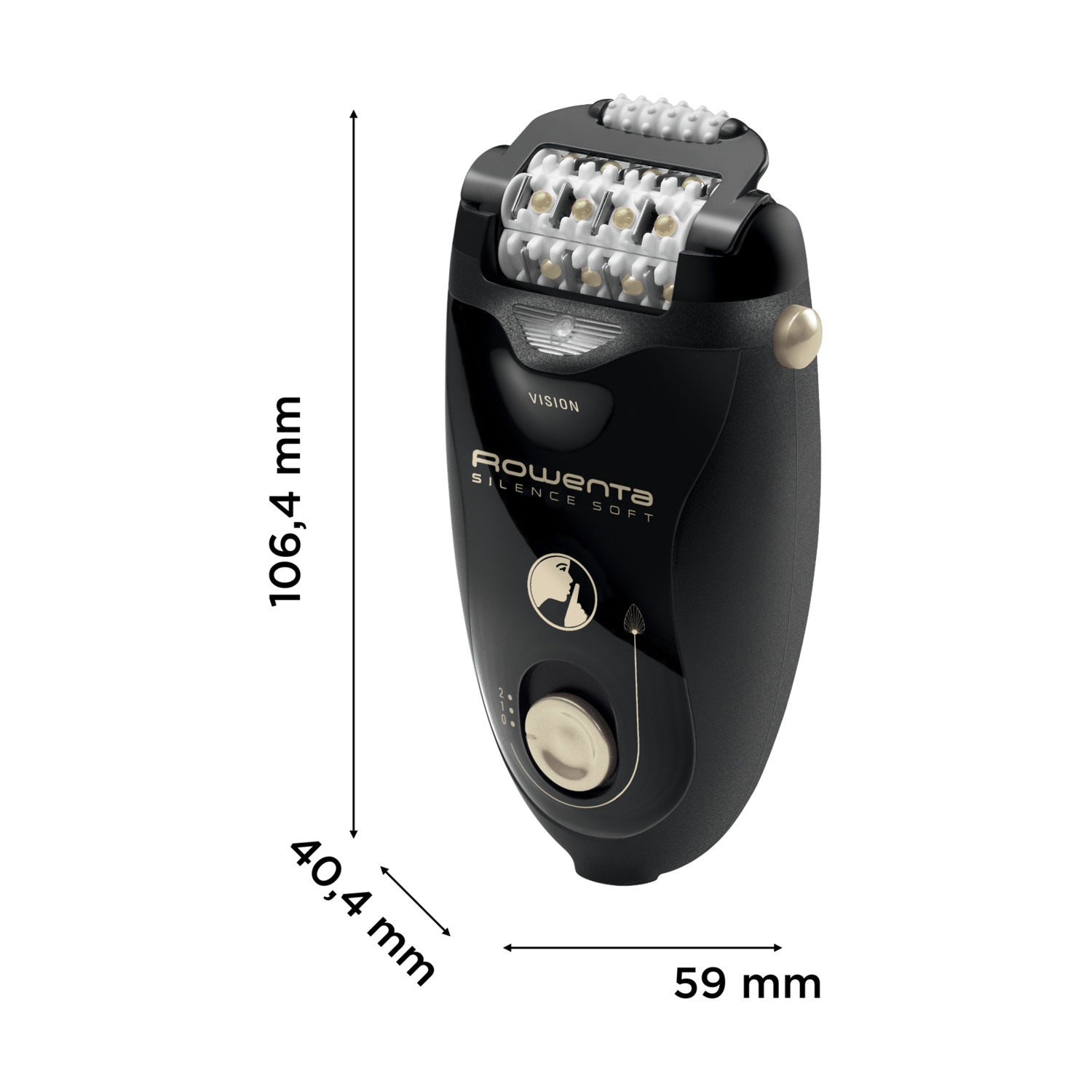 Epilatore nero e argento con il marchio Rowenta. Le dimensioni sono fornite. Ha una forma arrotondata con un pulsante e una piccola luce.