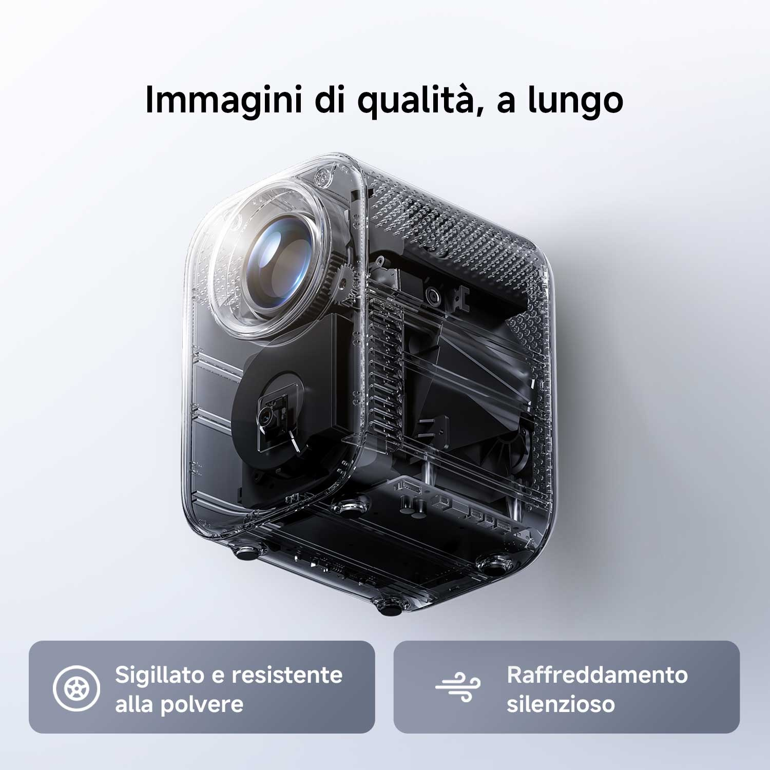 Un proiettore trasparente con componenti interni visibili. Sotto ci sono due riquadri: 'Sigillato e resistente alla polvere' e 'Raffreddamento silenzioso'.