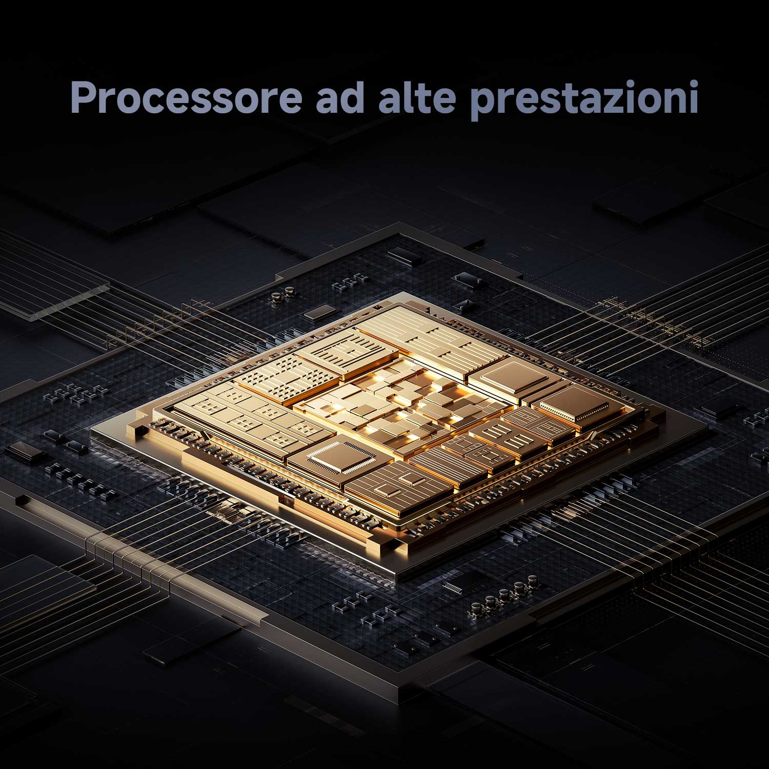 Una CPU dorata su un circuito stampato nero. Il testo in alto dice 'Processore ad alte prestazioni'.
