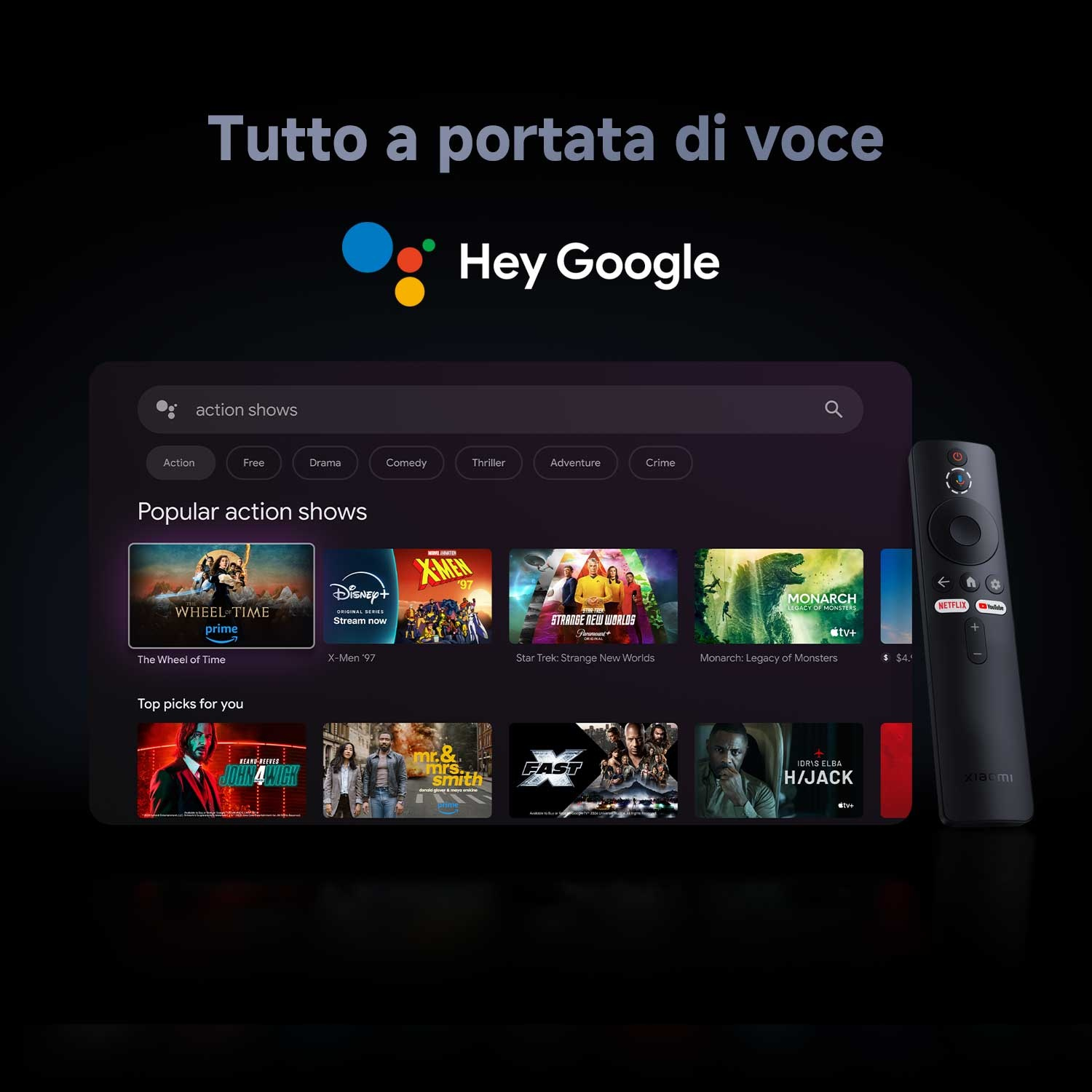 Un'interfaccia Smart TV con telecomando. Gli spettacoli includono Wheel of Time, X-Men '97, Star Trek, Monarch e altri. Testo Hey Google.