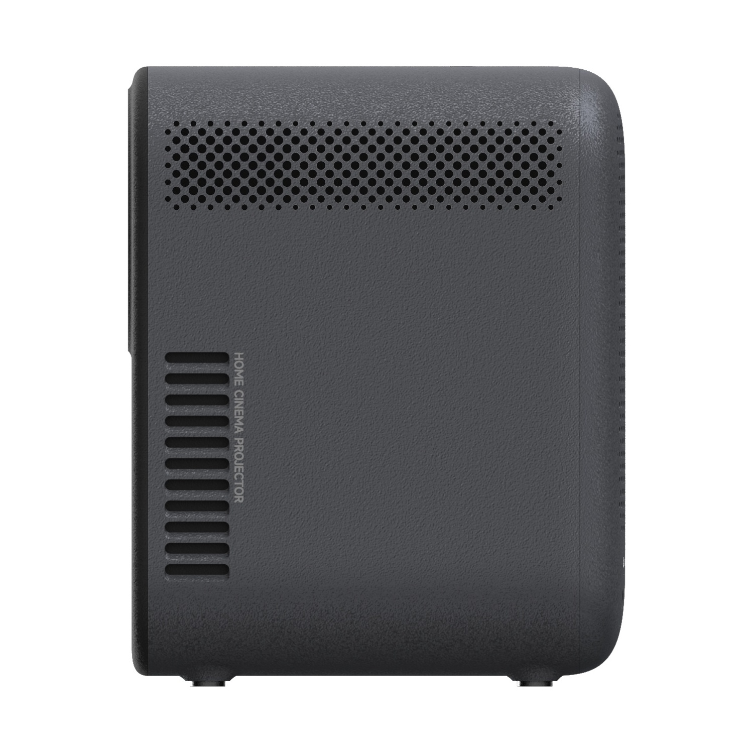 Un proiettore home cinema grigio scuro, vista laterale. Ha prese d'aria, una parte superiore perforata e la scritta HOME CINEMA PROJECTOR.