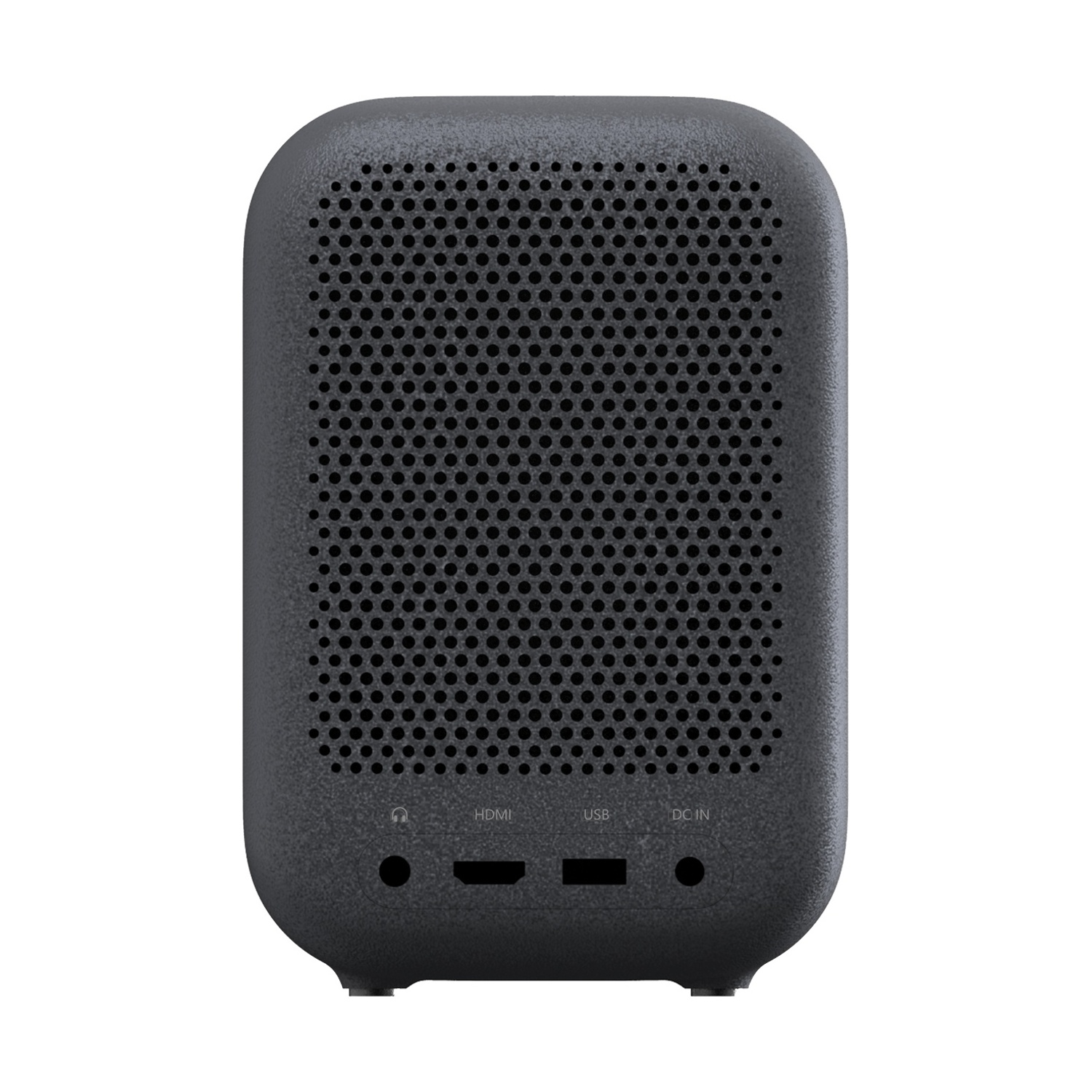 Un altoparlante grigio scuro con frontale perforato. Ha porte etichettate HDMI, USB e DC IN. È visibile anche una porta per cuffie.