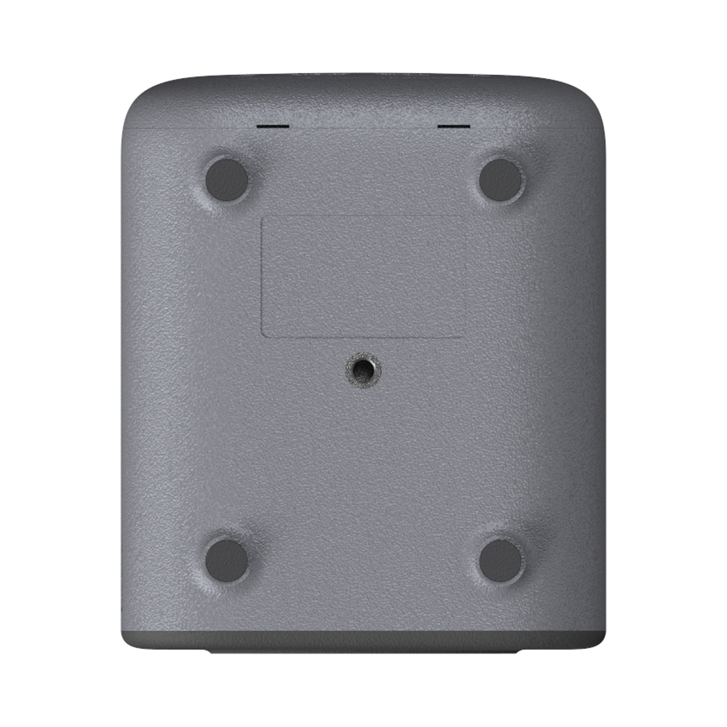 Parte inferiore di un dispositivo rettangolare grigio con quattro piedini rotondi, un cerchio centrale e un'indentazione rettangolare.