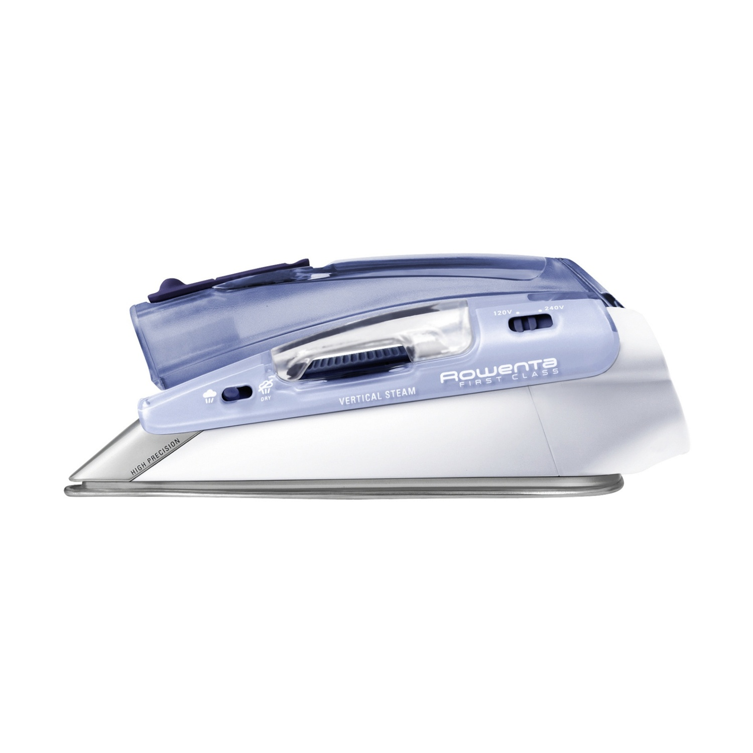 Un ferro da stiro su sfondo bianco. Ha un design blu e bianco con il marchio "Rowenta".