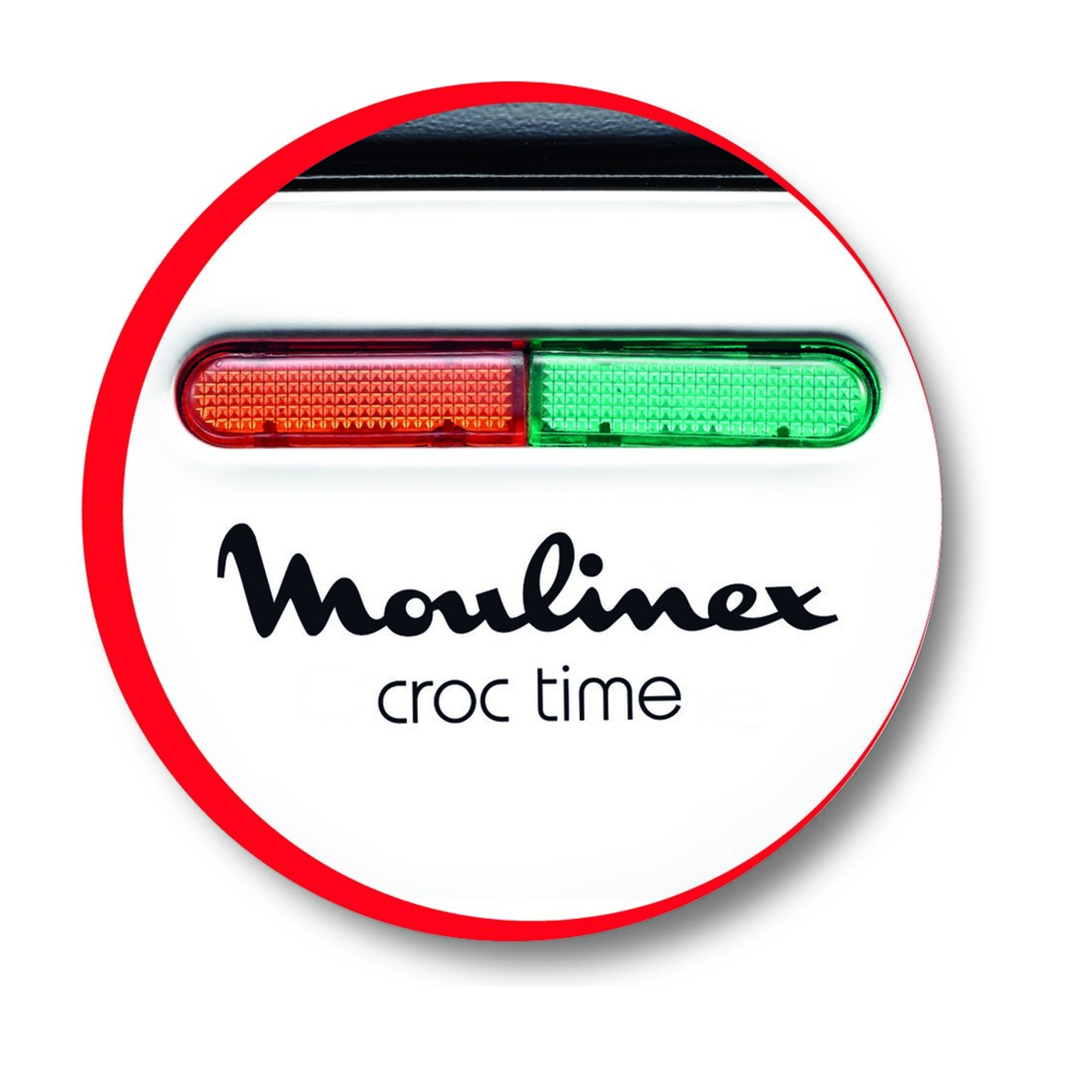 Elettrodomestico bianco con barra luminosa rossa e verde. Il marchio è 'Moulinex croc time' in un cerchio rosso.