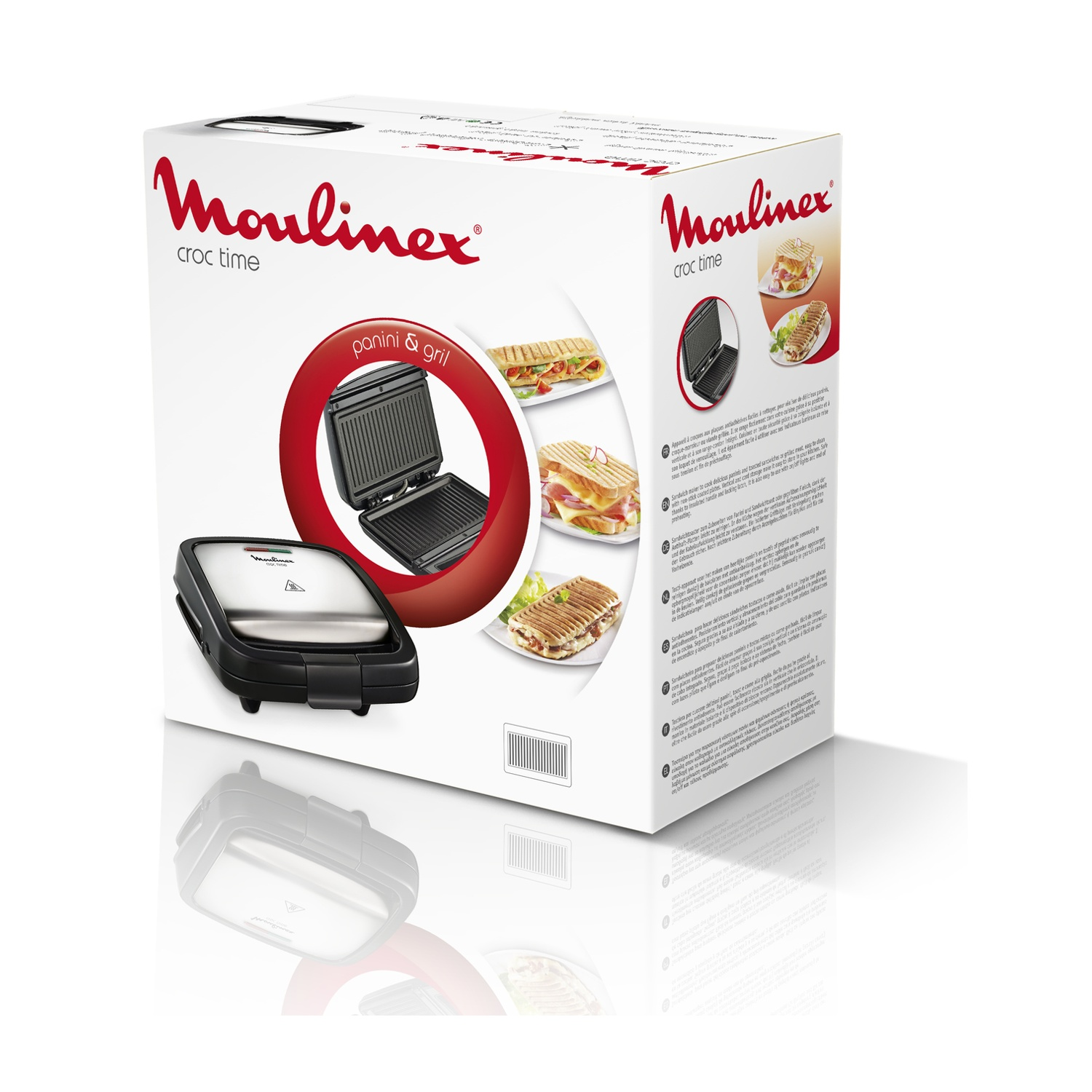 Scatola con una piastra per panini e immagini di sandwich, con il marchio 'Moulinex'.