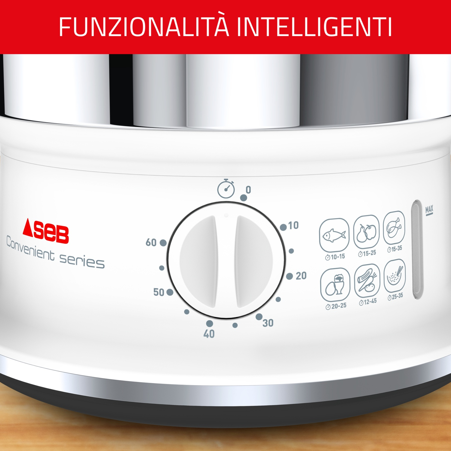 Un vaporiera bianca con quadrante, timer e icone di cibo. C'è scritto 'FUNZIONALITÀ INTELLIGENTI' e 'ASEB Convenient series'.