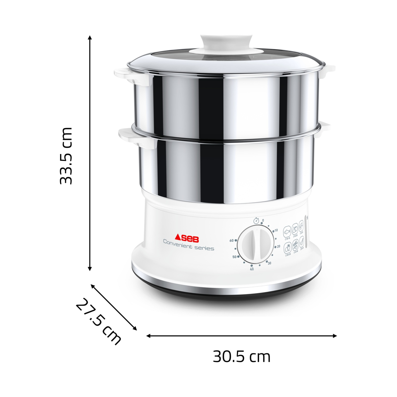 Una vaporiera SEB bianca e argento. Dimensioni: 33,5 cm altezza, 27,5 cm larghezza e 30,5 cm lunghezza. Ha un timer.