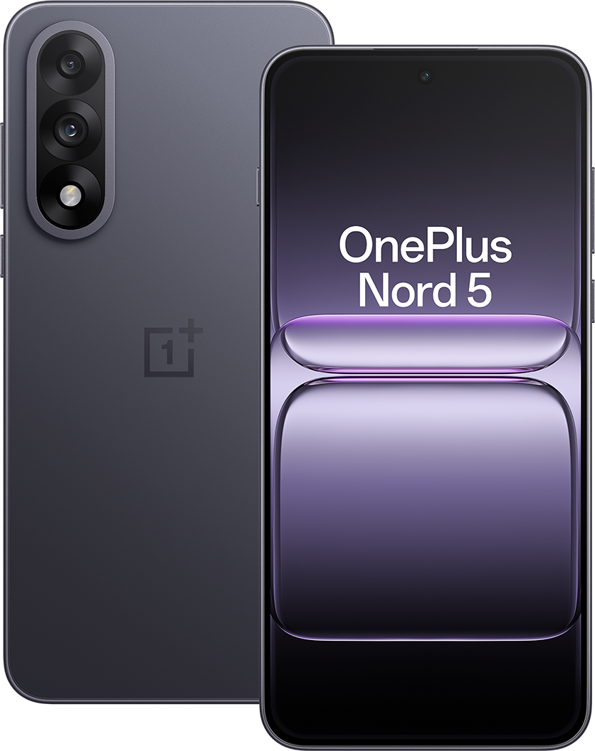 Két sötétszürke okostelefon. Az egyiken a OnePlus Nord 5 logó és képernyő látható. A másikon a kamera lencséi és a logó látható.