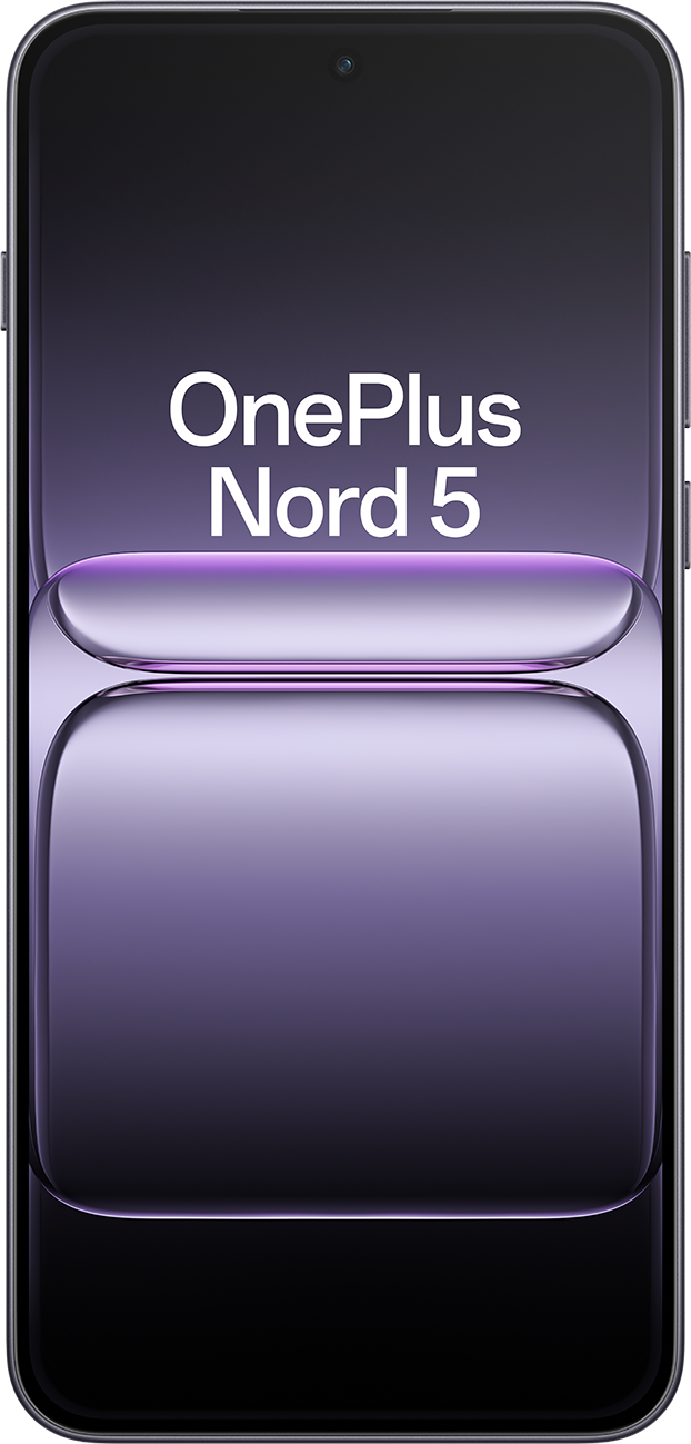 Egy okostelefon képernyőjén a OnePlus Nord 5 logója látható. A háttér feketéből lilába átmenő színátmenet. A telefon formája látható.