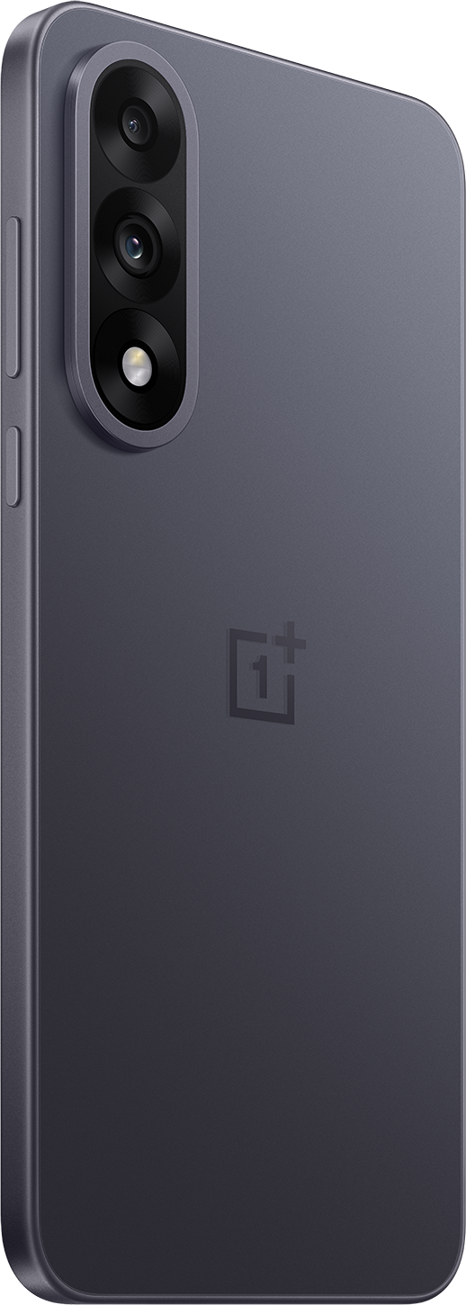 Sötétszürke okostelefon hátlapja, kamerarendszerrel és OnePlus logóval.