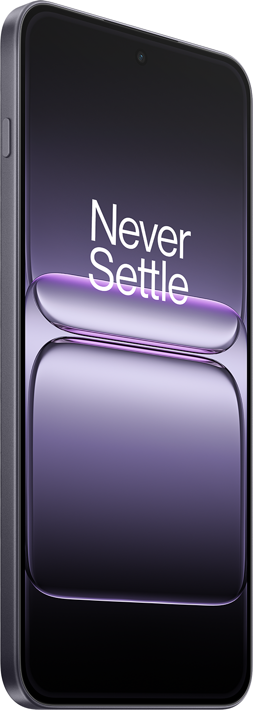 Egy sötétszürke okostelefon lila képernyővel a 'Never Settle' felirattal. A telefon modern, letisztult dizájnnal rendelkezik.