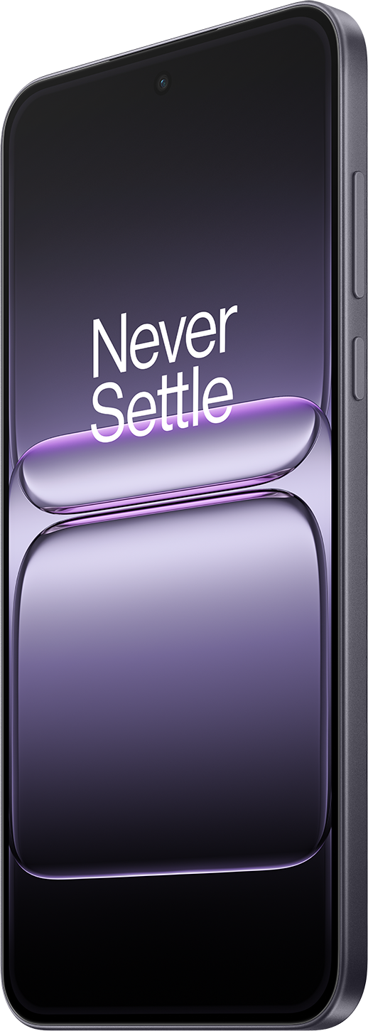 Sötét telefon a képernyőn a "Never Settle" felirattal. Van elülső kamerája és lila színátmenetes háttere.