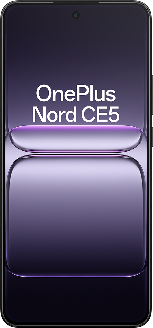 Egy okostelefon képernyőjén a OnePlus Nord CE5 logó látható lila háttéren. Felül egy kamera látható.