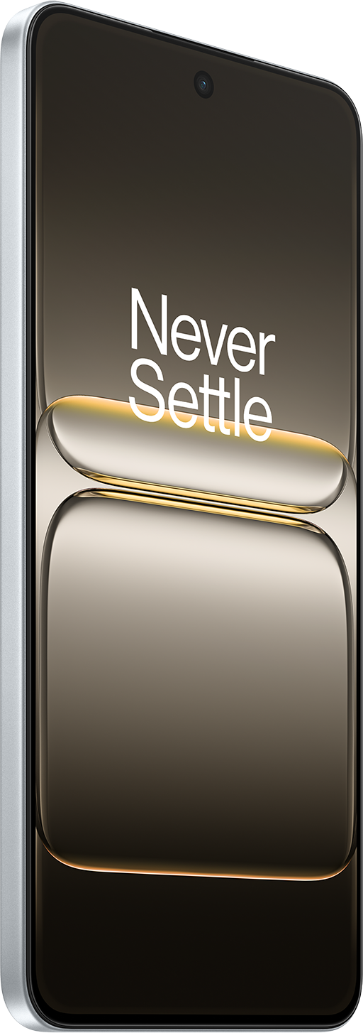 Egy ezüst keretes okostelefon. A képernyő egy színátmenetet mutat a "Never Settle" szavakkal.