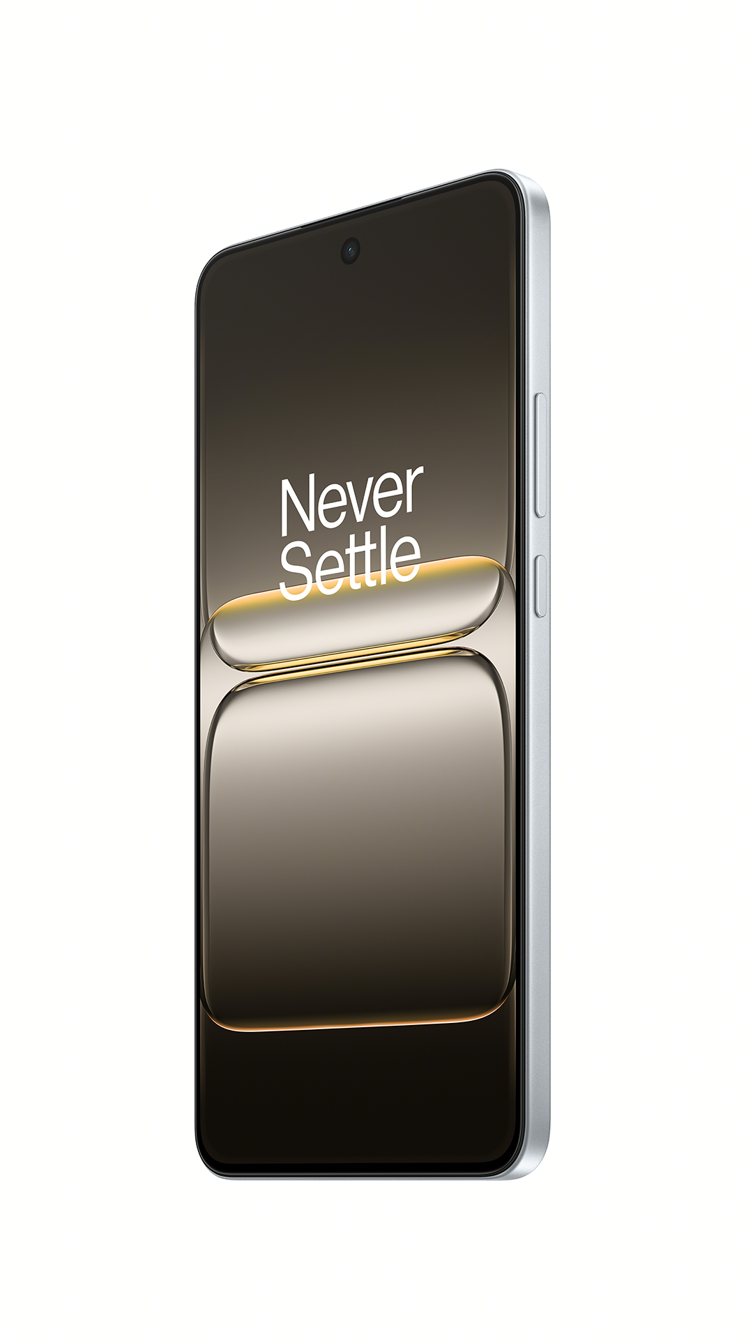 Egy ezüst okostelefon fekete képernyővel, rajta a "Never Settle" felirattal. A telefon szögben van, látszanak az oldalsó gombok és a kamera.