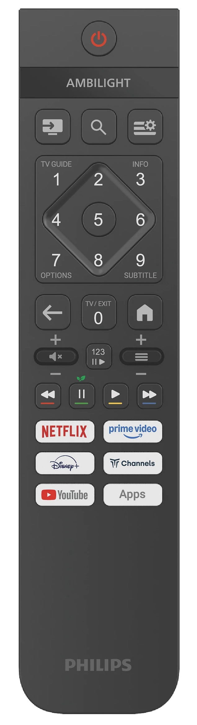 Ciemnoszary pilot Philips. Ma wiele przycisków, w tym Netflix, YouTube i przyciski numeryczne.