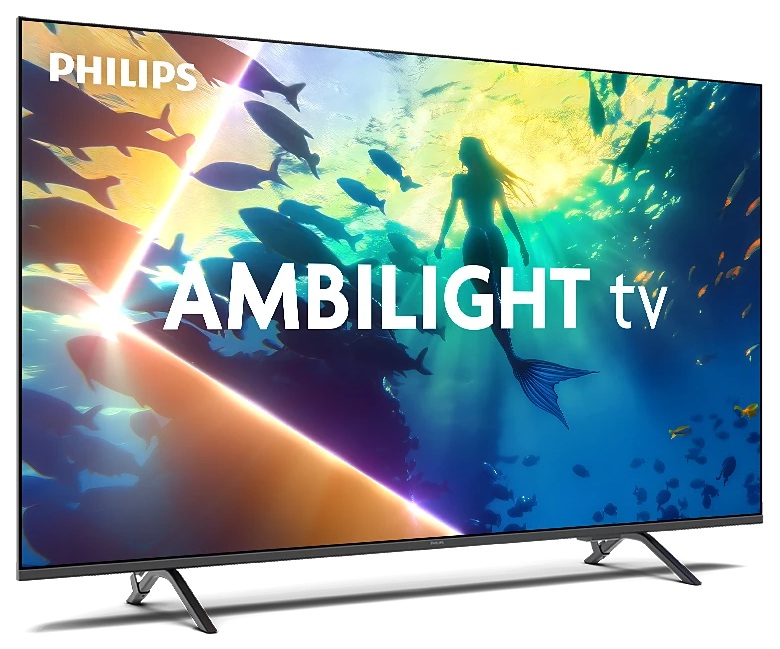 Telewizor Philips Ambilight wyświetla syrenę i ryby pływające pod wodą. Telewizor stoi na stojaku. Widoczne jest logo Philips.