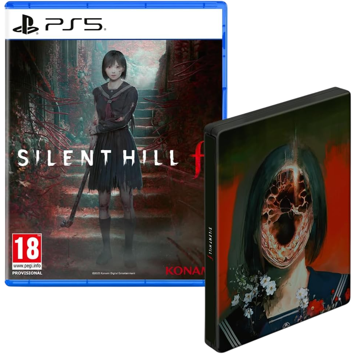 Game-omslag voor Silent Hill f. Een vrouw in schooluniform staat op een pad. Een tweede omslag toont een gezicht met een gat.