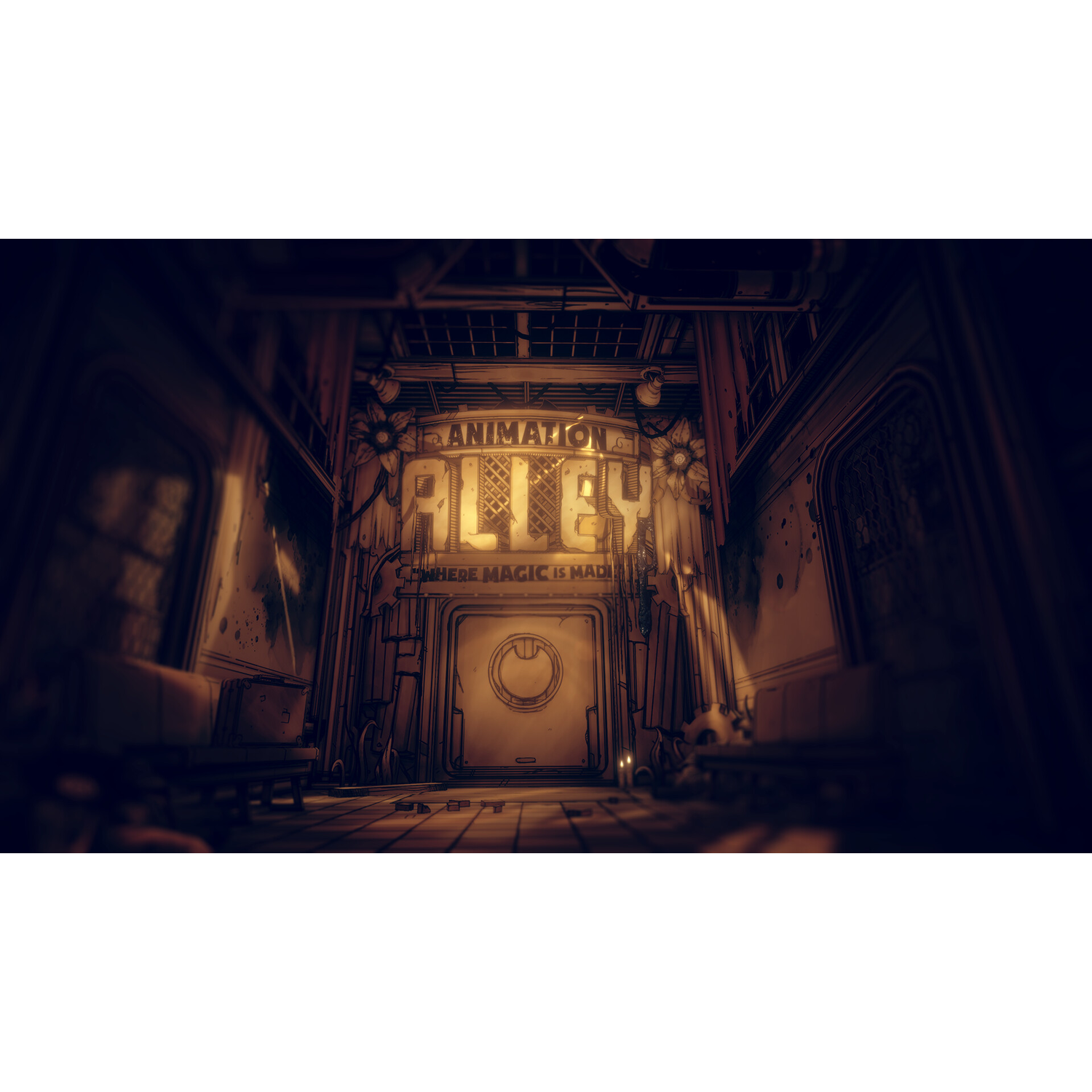 Une ruelle avec une enseigne indiquant 'Animation Alley'. Une porte avec un cercle au milieu et un mur de chaque côté.