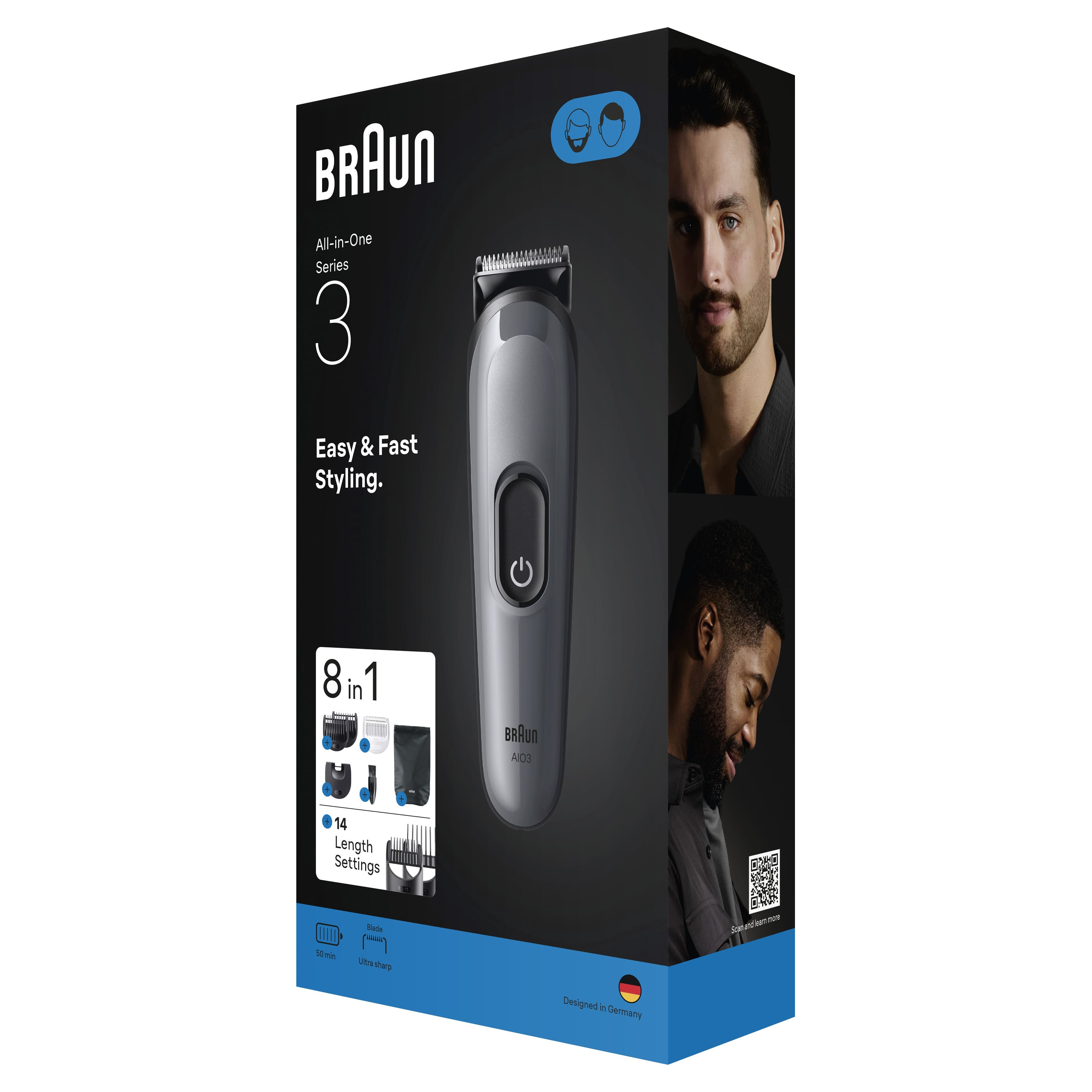 Braun Series 3 All-in-One düzeltici kutusu, önde gri düzeltici, sağda iki erkek yüzü.