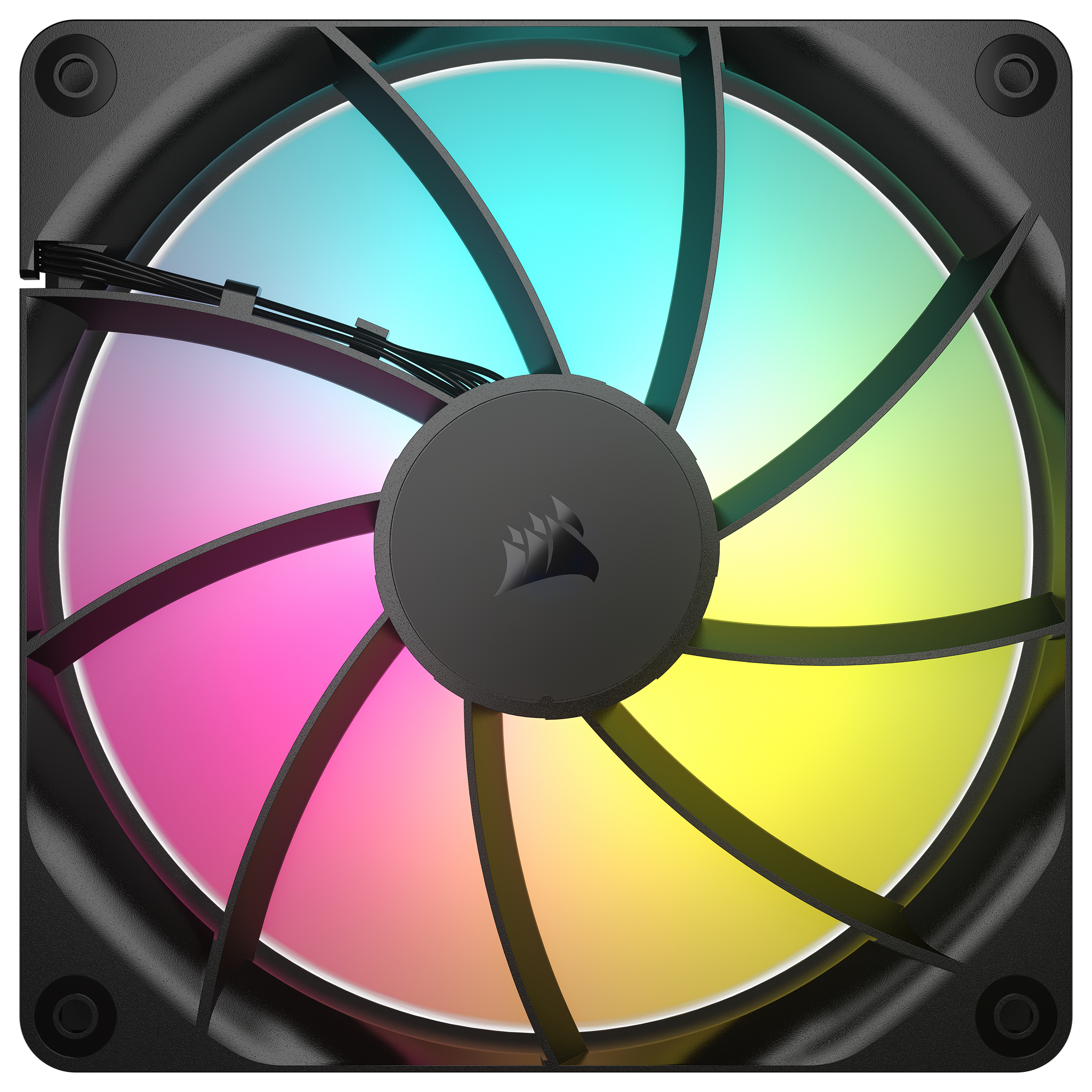 Ein schwarzer Computerlüfter mit bunten Regenbogenblättern. Die Mitte hat ein Corsair-Logo. Schwarze Drähte sind sichtbar.