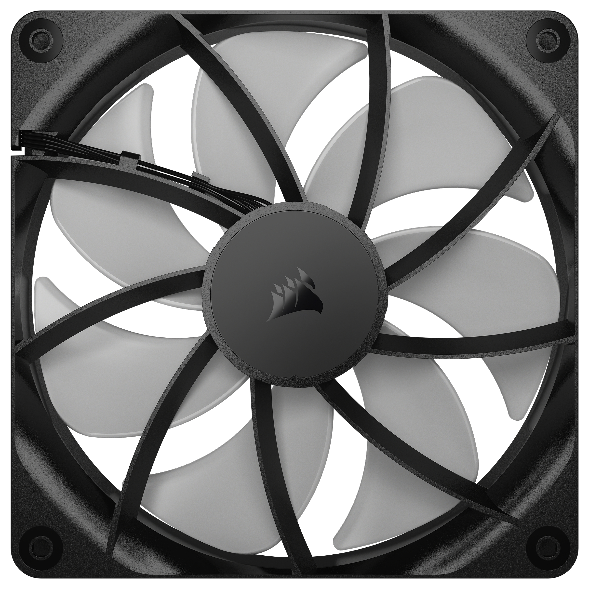 Ein Computerlüfter mit schwarzem Rahmen und Flügeln. Die Mitte hat das Corsair-Logo. Kabel erstrecken sich vom Lüfter.