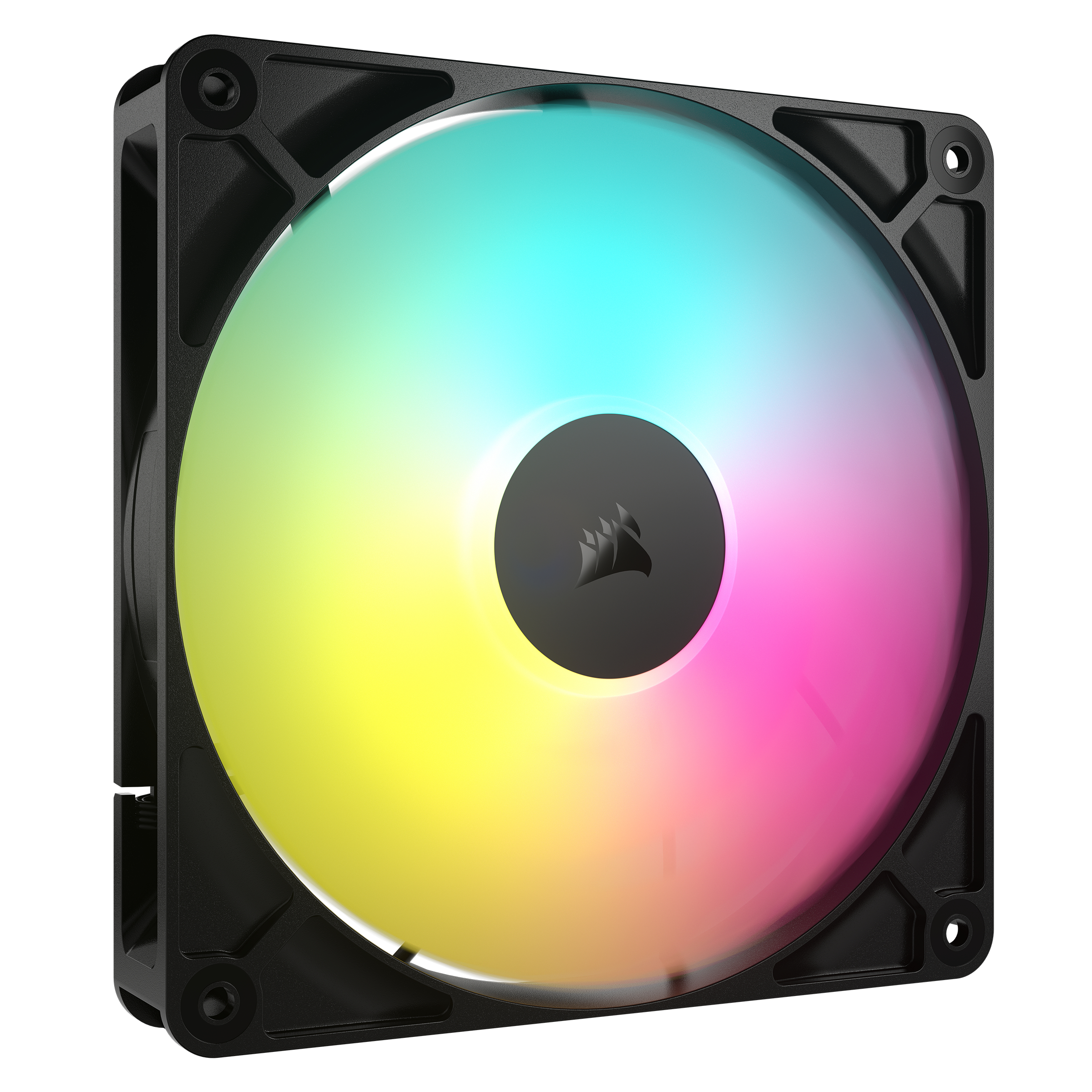 Ein Computerlüfter mit schwarzem Rahmen und einem farbenfrohen, regenbogenartigen Licht in der Mitte, mit einem schwarzen Logo.