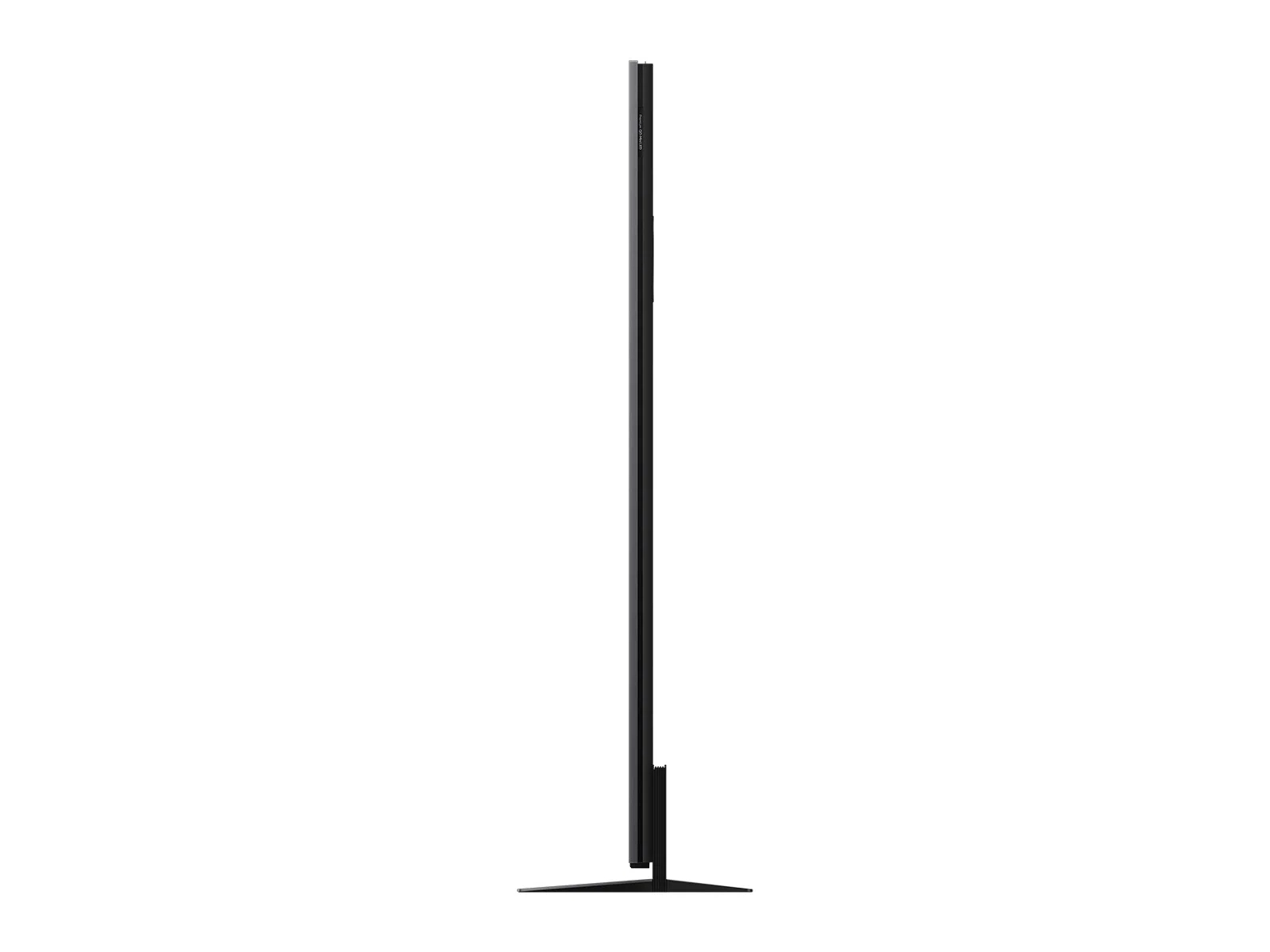 Un televisor negro alto y delgado está en posición vertical. La pantalla es negra, el soporte es negro, sobre un fondo blanco.