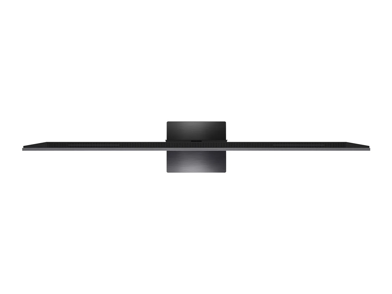 Vista cenital de un televisor negro con base rectangular y pantalla larga y delgada, sobre fondo blanco.