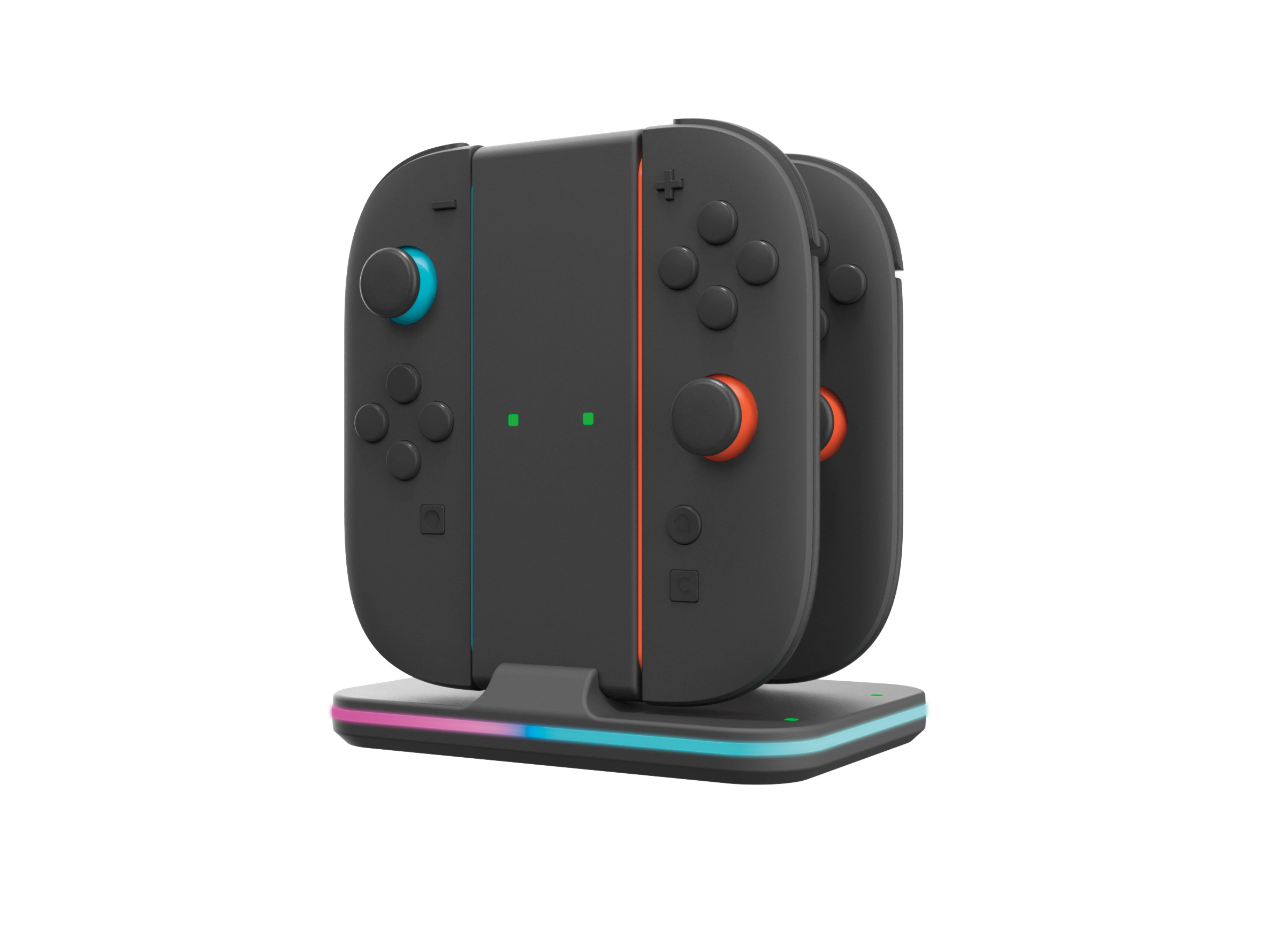 Mandos de juego negros en una base de carga. Los mandos tienen botones y joysticks de colores. La base tiene una tira LED de color.