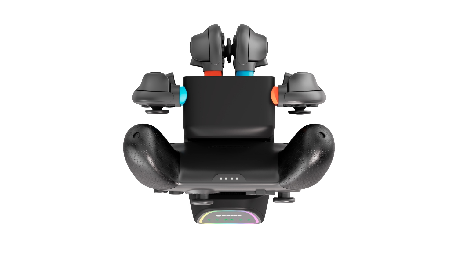Un mando de juego negro para consola. Tiene asas, botones y una base con luces de colores.