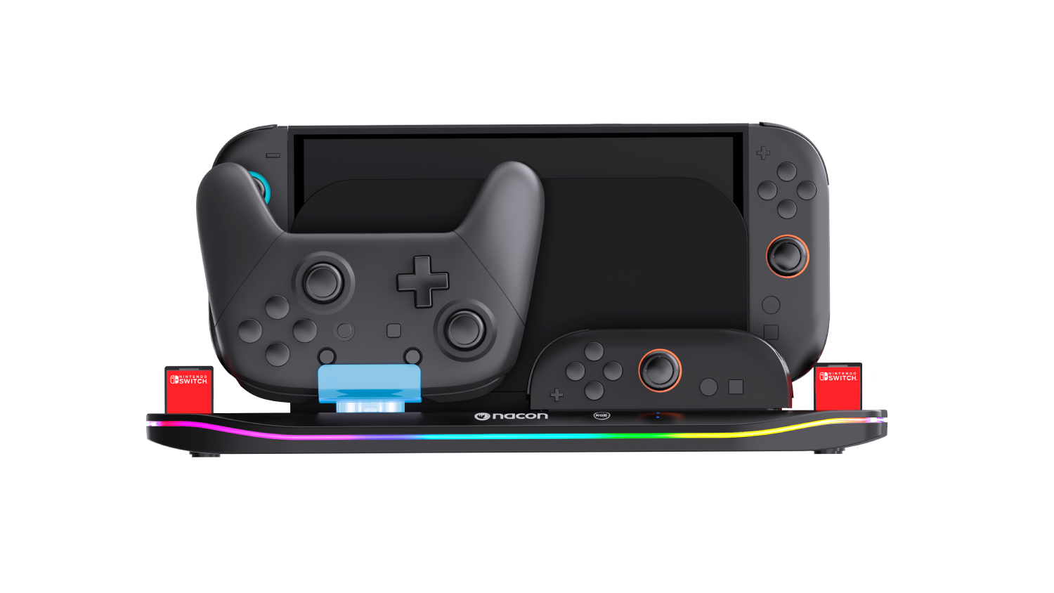 Base negra de Nintendo Switch con mando y joy-cons. Cartuchos de juego rojos a los lados. Luces RGB en la base.