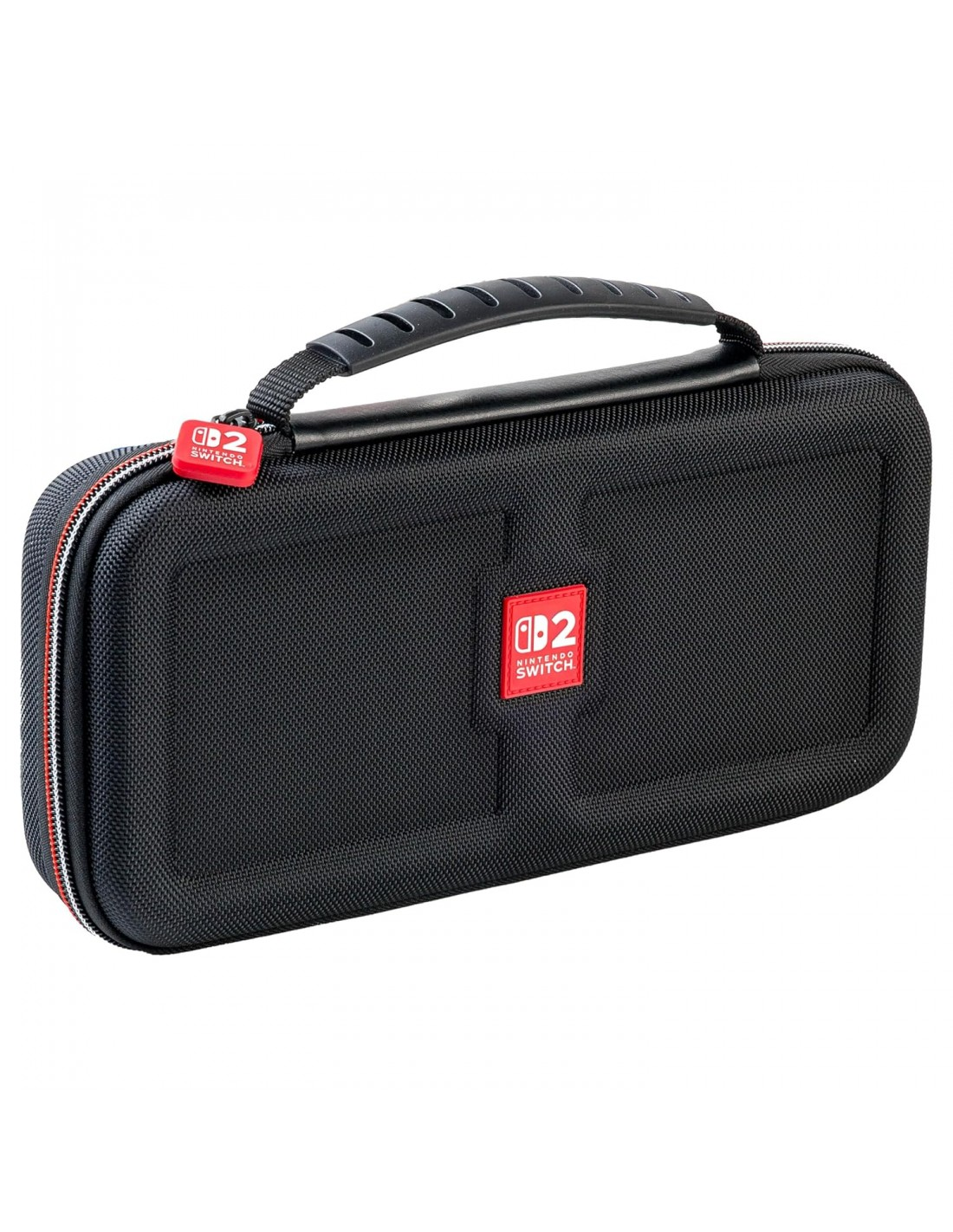 Funda de transporte negra para Nintendo Switch con asa y detalles en rojo. Presenta el logotipo de Nintendo Switch en rojo.