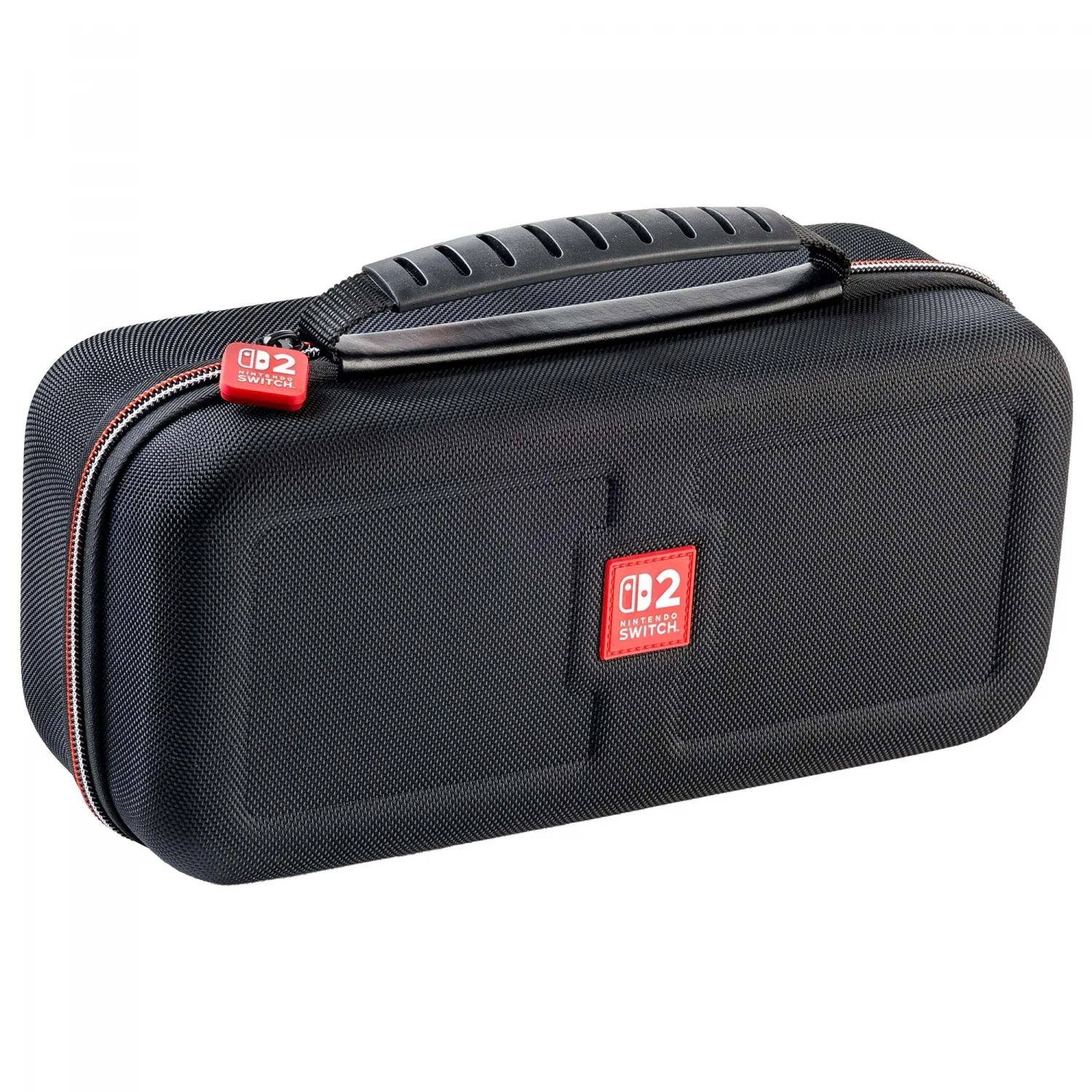 Una funda de transporte negra para Nintendo Switch con asa. Tiene una cremallera roja y el logotipo de Nintendo Switch en la parte delantera.