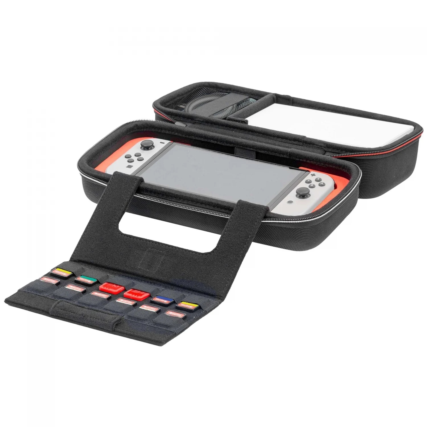 Funda de transporte negra para Nintendo Switch, abierta. Visibles la consola y cartuchos. Colores negro y gris.