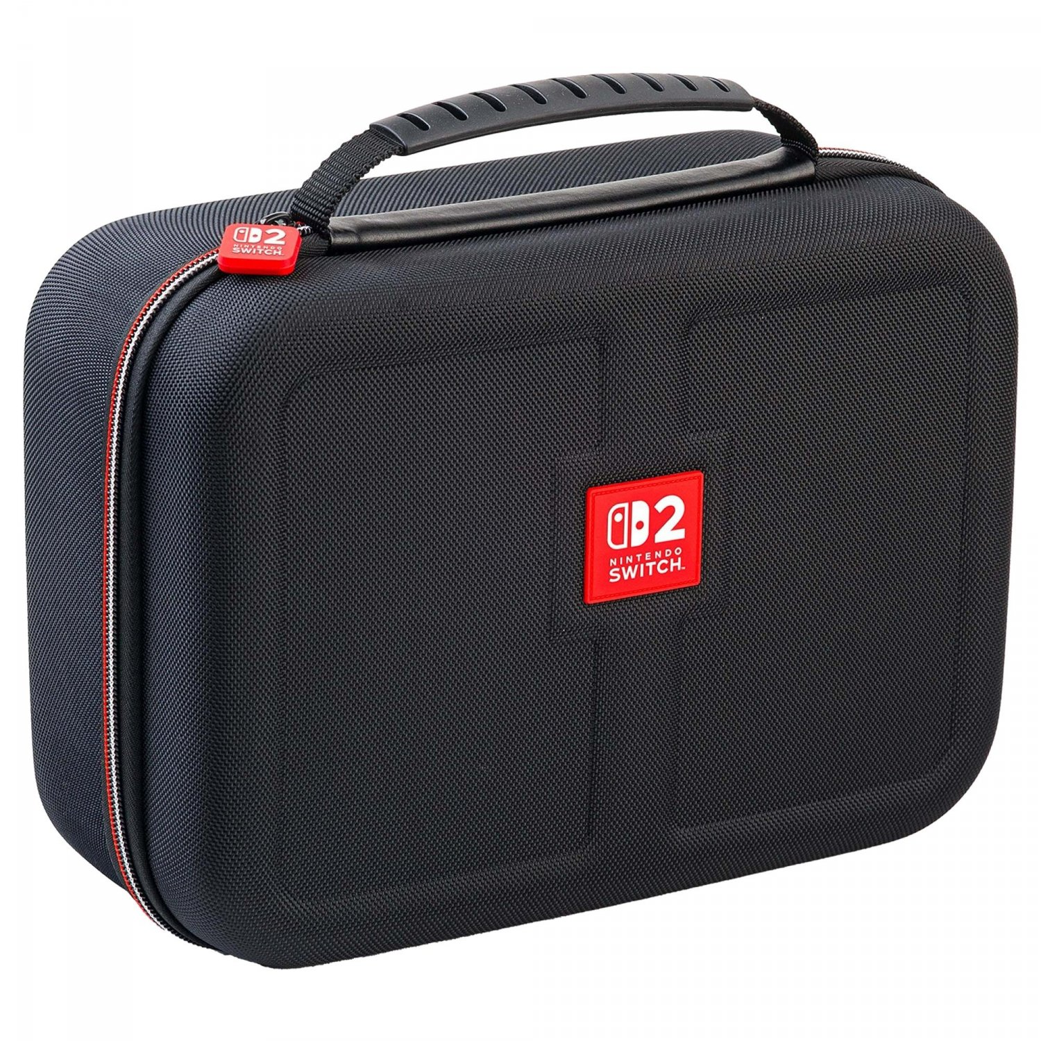 Funda de transporte negra de Nintendo Switch con asa y ribete de cremallera rojo y blanco. Logotipo rojo de Nintendo Switch visible.