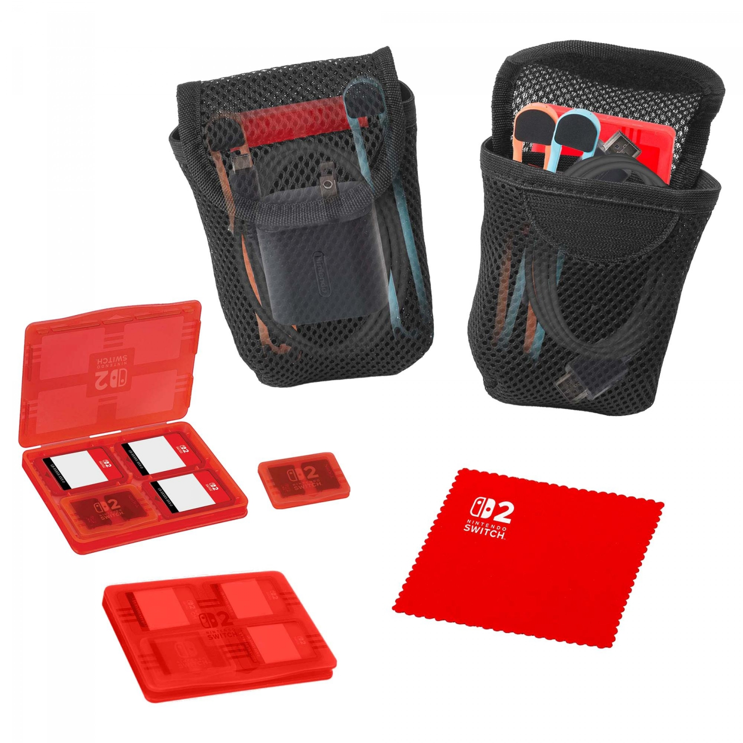 Un surtido de accesorios para Nintendo Switch, incluyendo estuches para tarjetas de juego, bolsas de malla y un paño de limpieza, todo en rojo y negro.