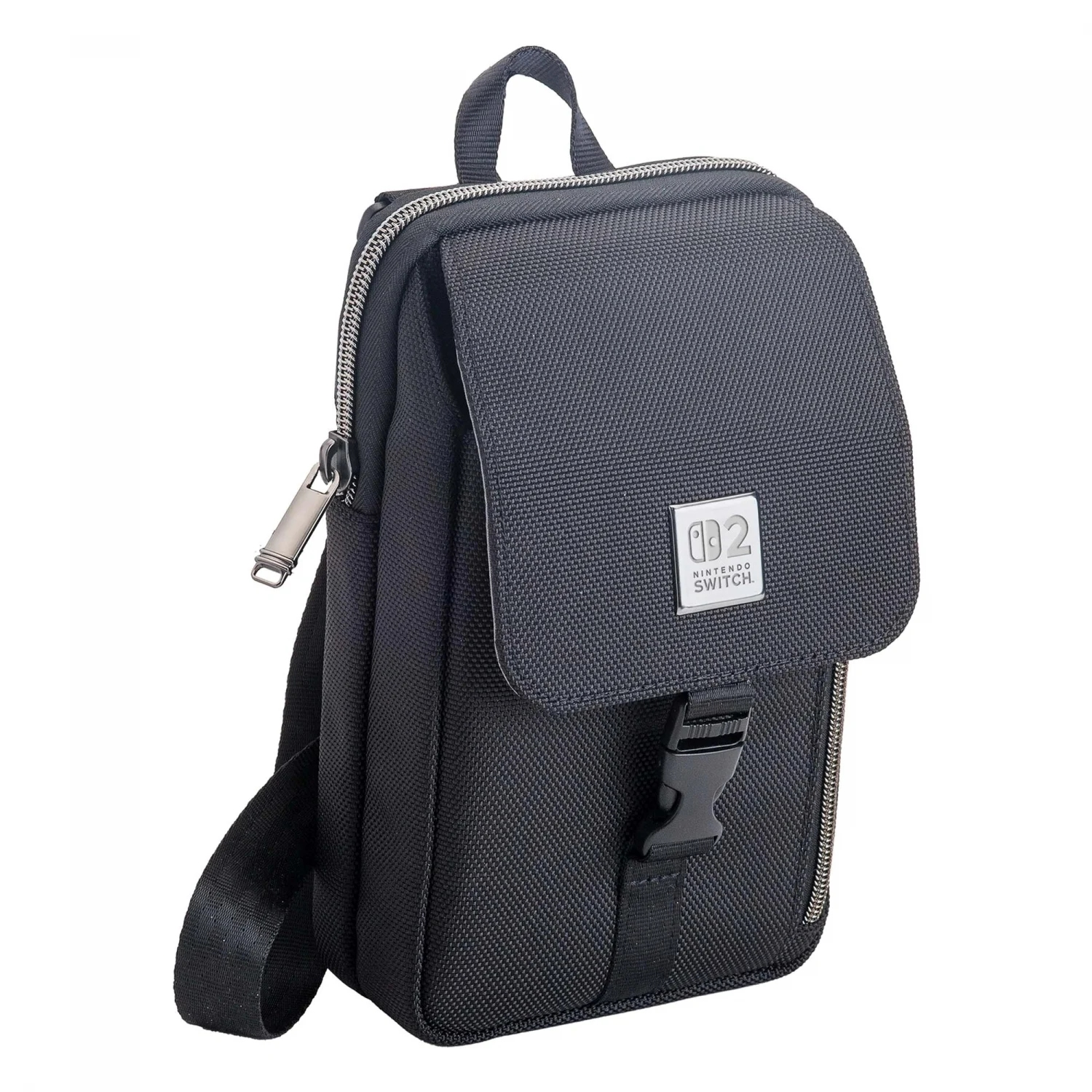 Bolso de transporte negro para Nintendo Switch con correa y hebilla. Cuenta con cremallera plateada y logotipo de Nintendo Switch.