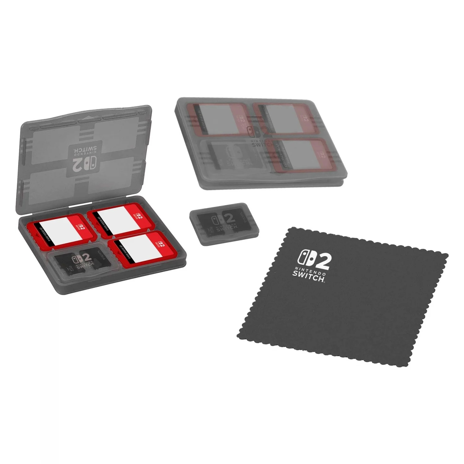 La imagen muestra la funda y los cartuchos de juegos de Nintendo Switch. Estuche gris con cartuchos rojos. También hay un paño de limpieza negro.