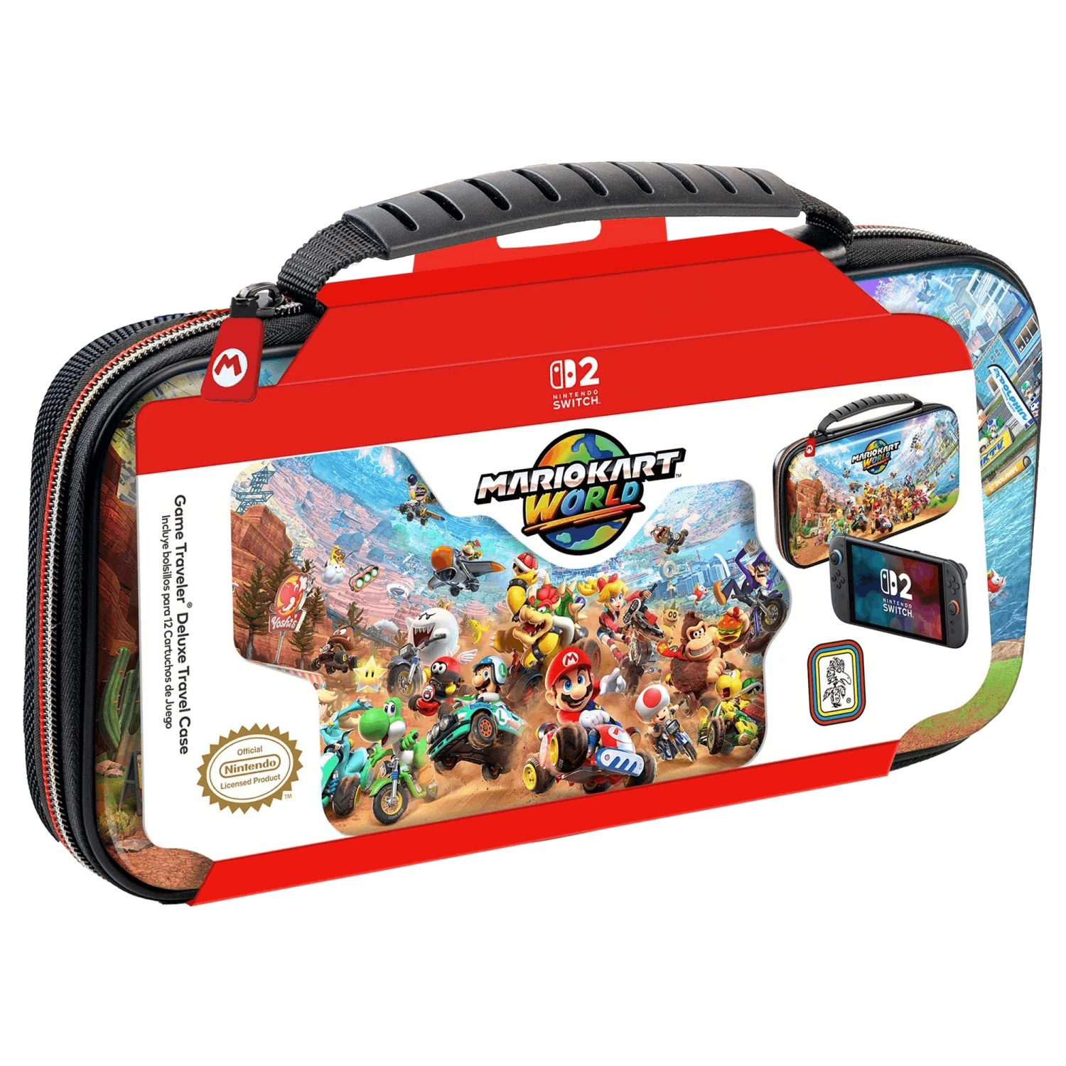 Una funda de viaje de Mario Kart World. Tiene una parte superior roja, un asa negra y una imagen con Mario y sus amigos compitiendo.