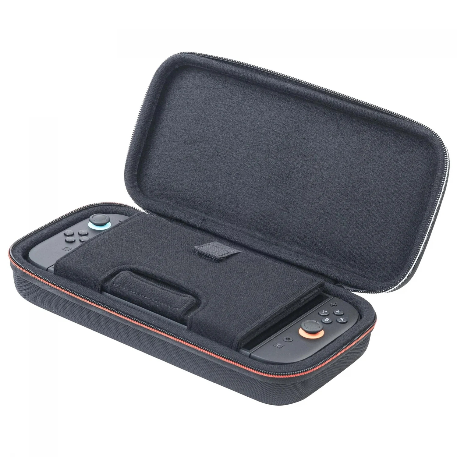 Funda negra con ribete rojo, abierta, sosteniendo un dispositivo de juego negro con botones y joystick.