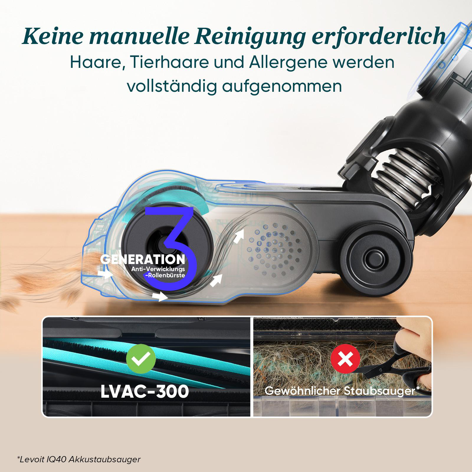 Bild zeigt Staubsauger mit Text über Haar-, Tierhaar- und Allergenentfernung.