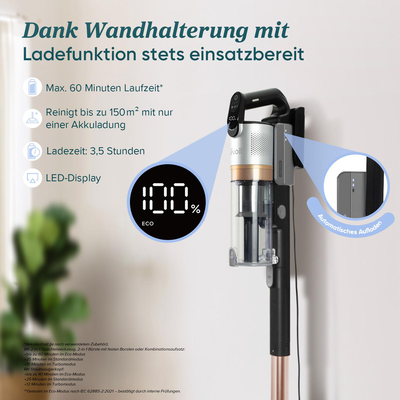 Staubsauger an der Wandhalterung, 100% Akku. Text zeigt Ladezeit und Reinigungsfläche.