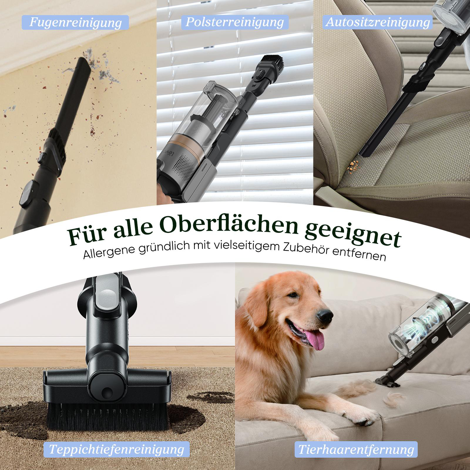 Das Bild zeigt einen Staubsauger, der auf verschiedenen Oberflächen verwendet wird, darunter Ritzen, Polster, Autositze, Teppiche und Tierhaare.