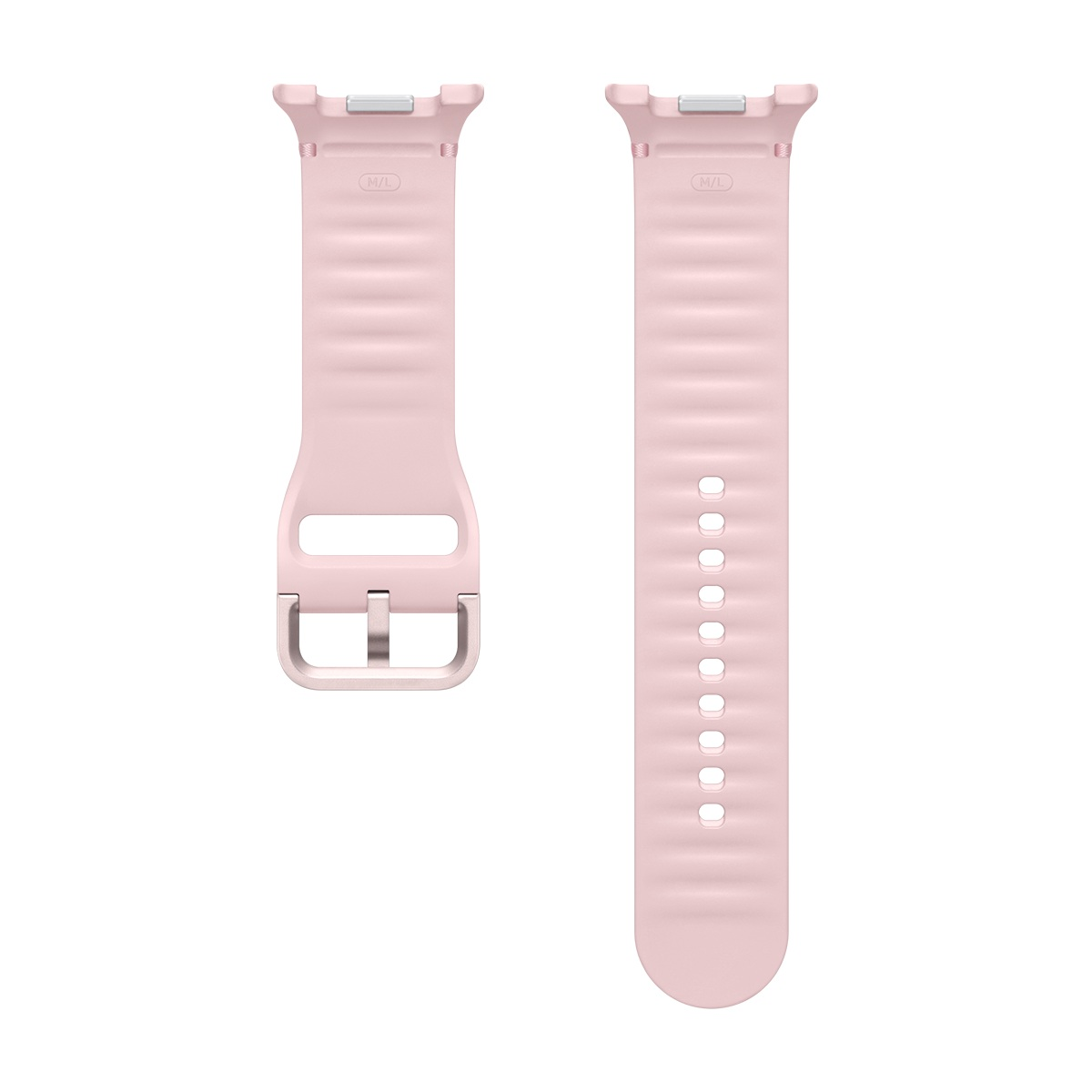 İki pembe saat kayışı. Birinde toka, diğerinde delikler var. Her ikisi de oluklu ve küçük bir M/L işaretine sahip.