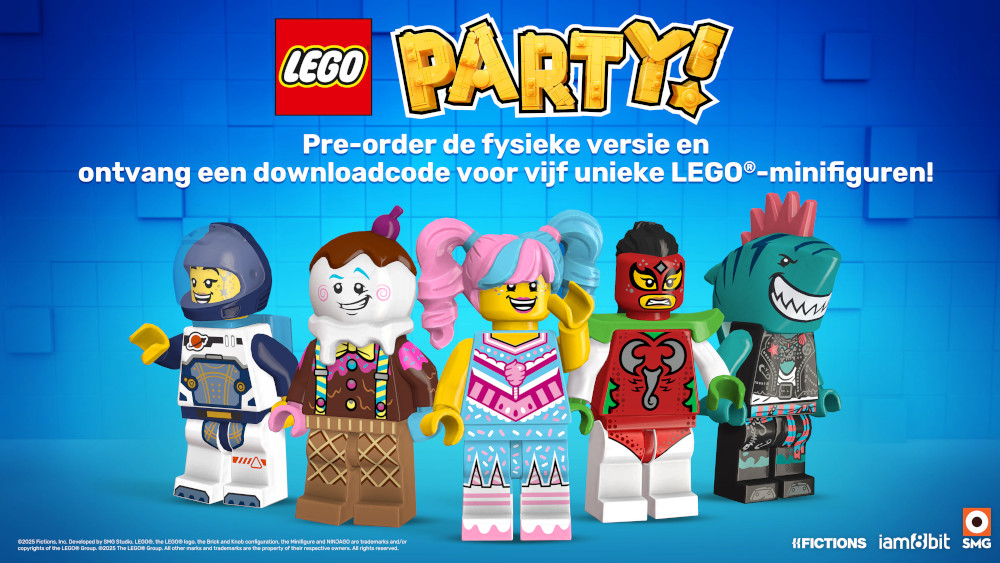LEGO Party! Vijf LEGO minifiguren op blauwe achtergrond. Personages: astronaut, ijs, meisje met roze haar, worstelaar, haai.